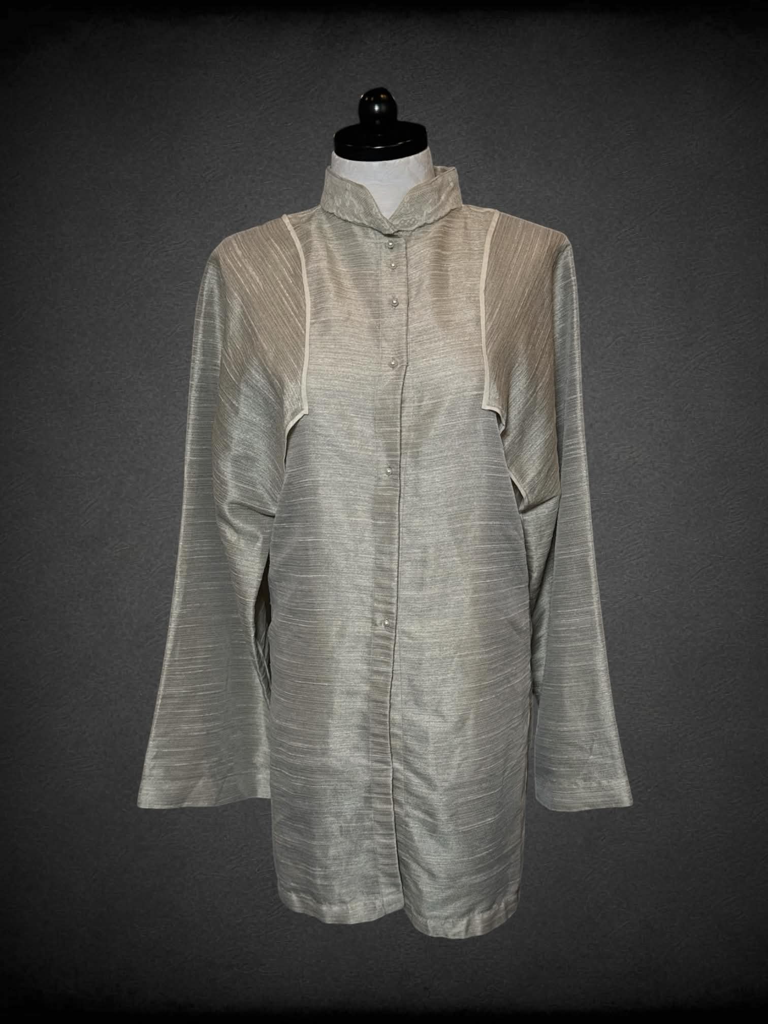 XL Not Equal champaign heathered jacket with decorative panels on sleeves, and faux pearl buttons spaced out, with lace collar