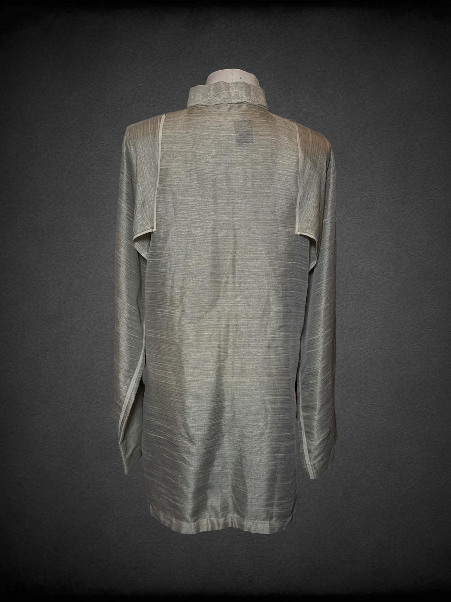 XL Not Equal champaign heathered jacket with decorative panels on sleeves, and faux pearl buttons spaced out, with lace collar