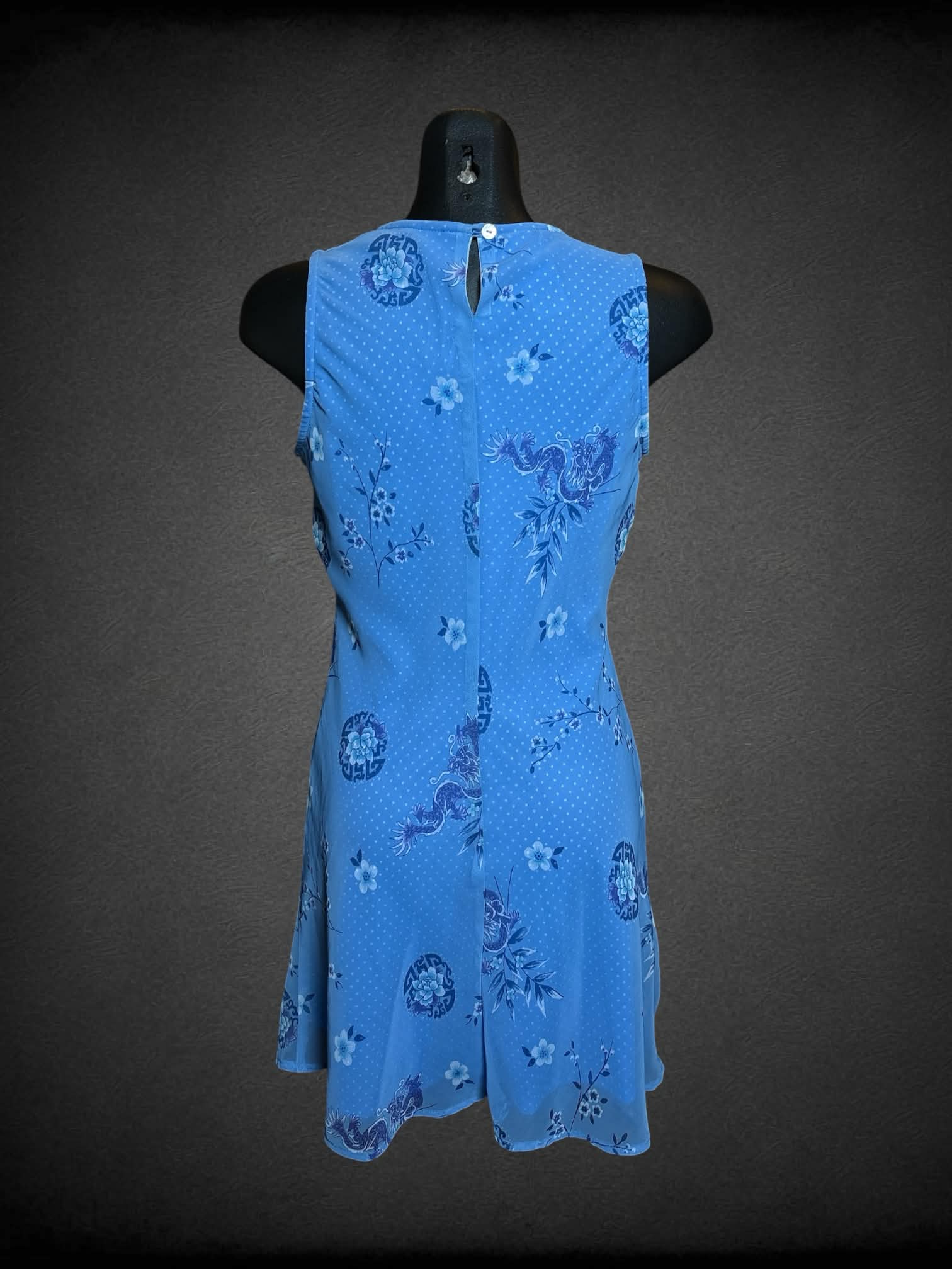 M My Michelle vintage light blue sleeveless dress with White polka dots, keyhole/button on back, and florals