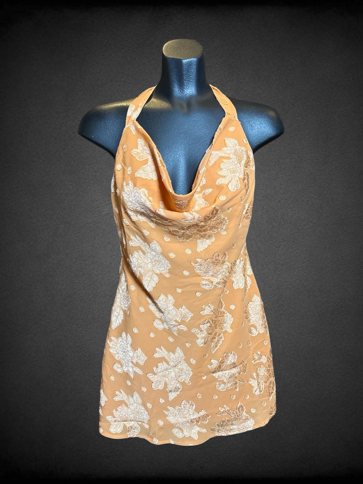 M NWT Hello Molly orange strapless halter dress with floral burnout desig