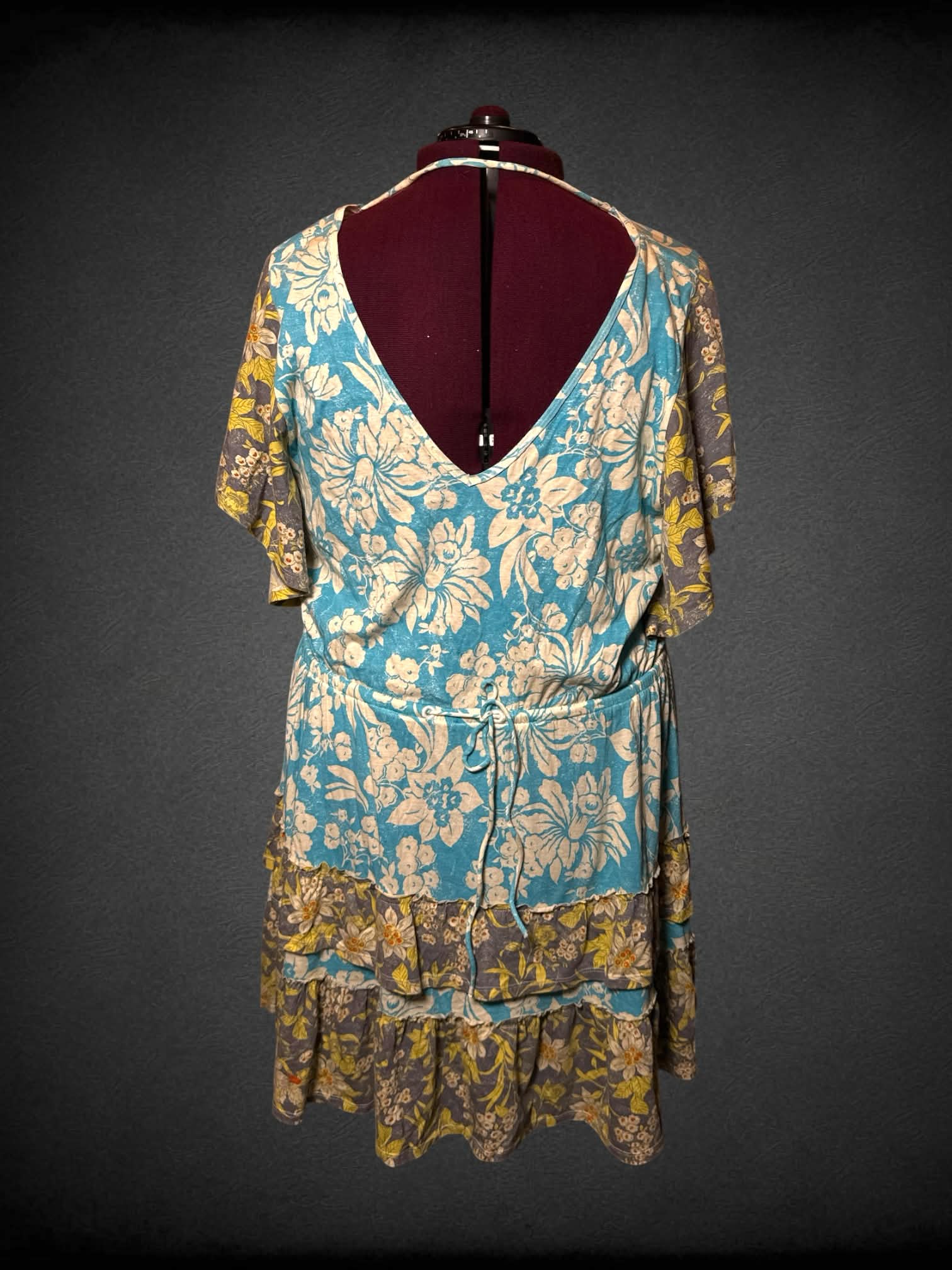 2X Daily Practice blue dress with white floral pattern and layered skirt, and adjustable tie on waist