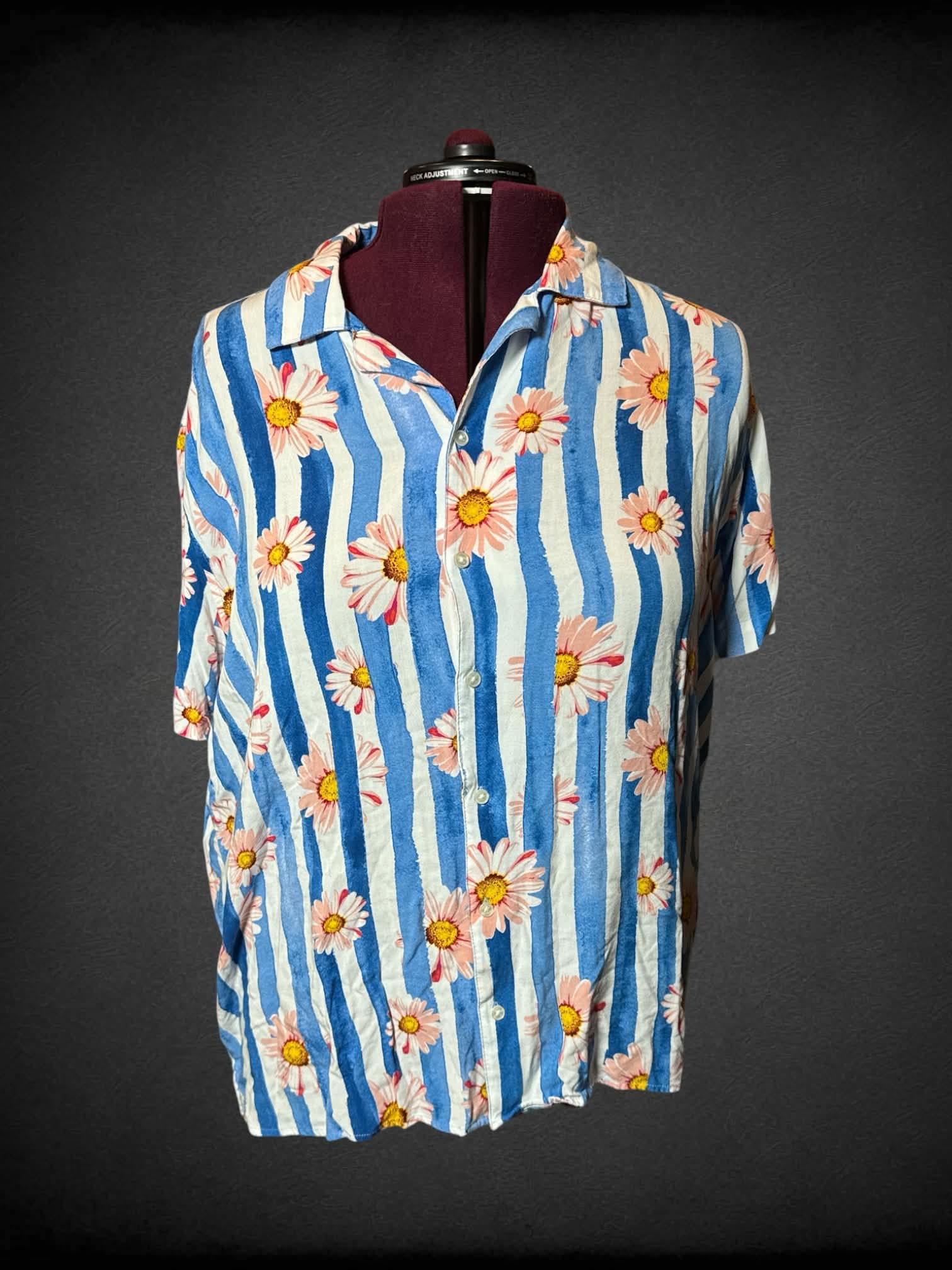3X Original Use blue and white striped button up shirt with pink and yellow flower design
