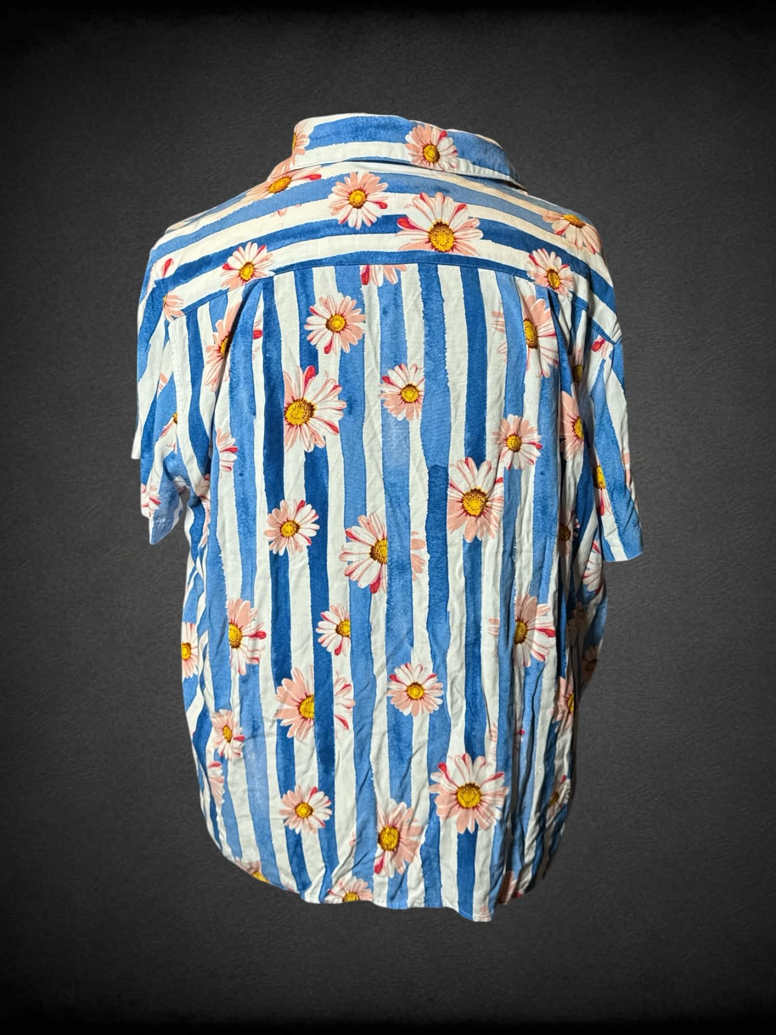 3X Original Use blue and white striped button up shirt with pink and yellow flower design
