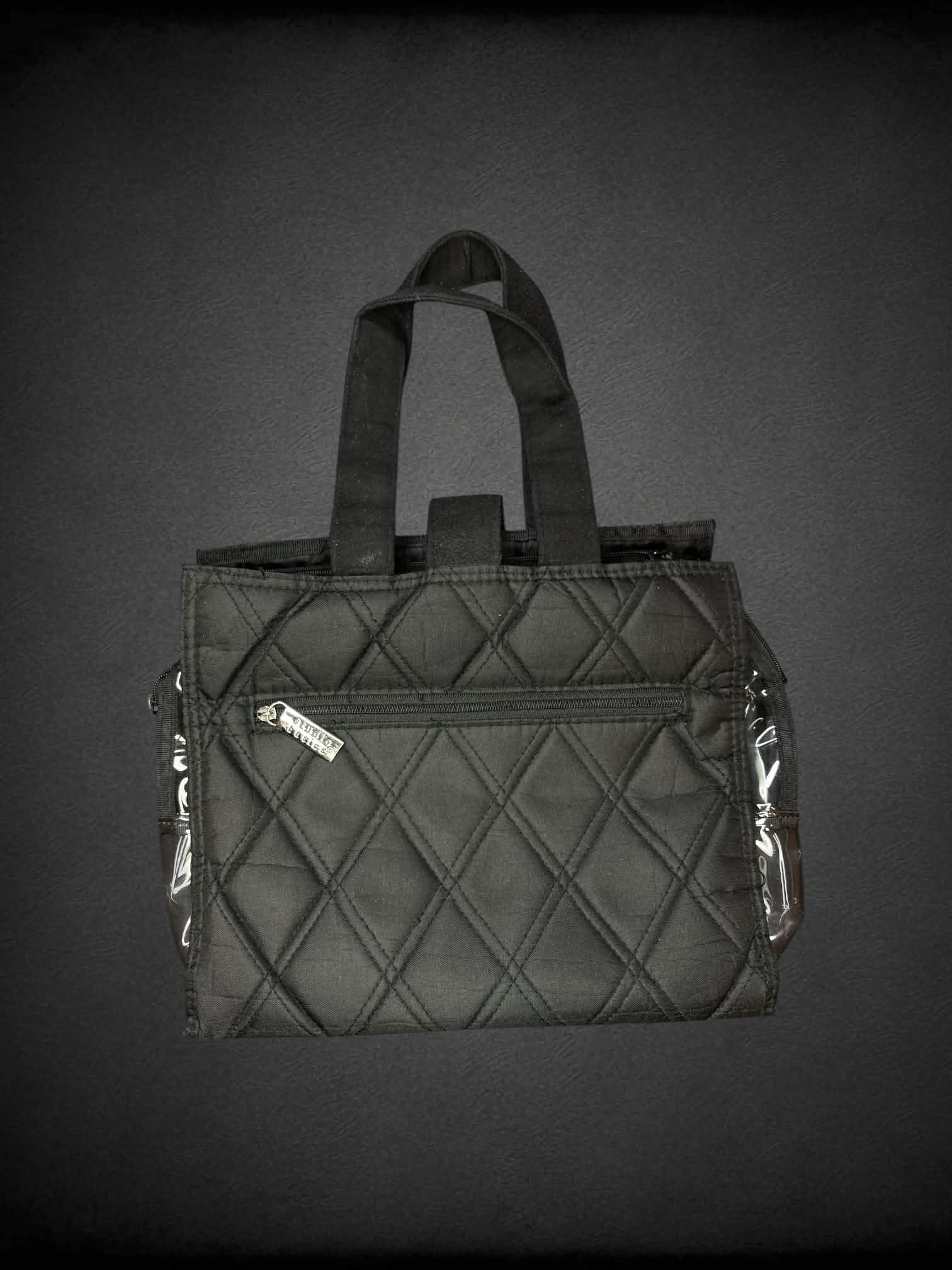 Studio Basics layered black handbag with clear zipper  pockets inside