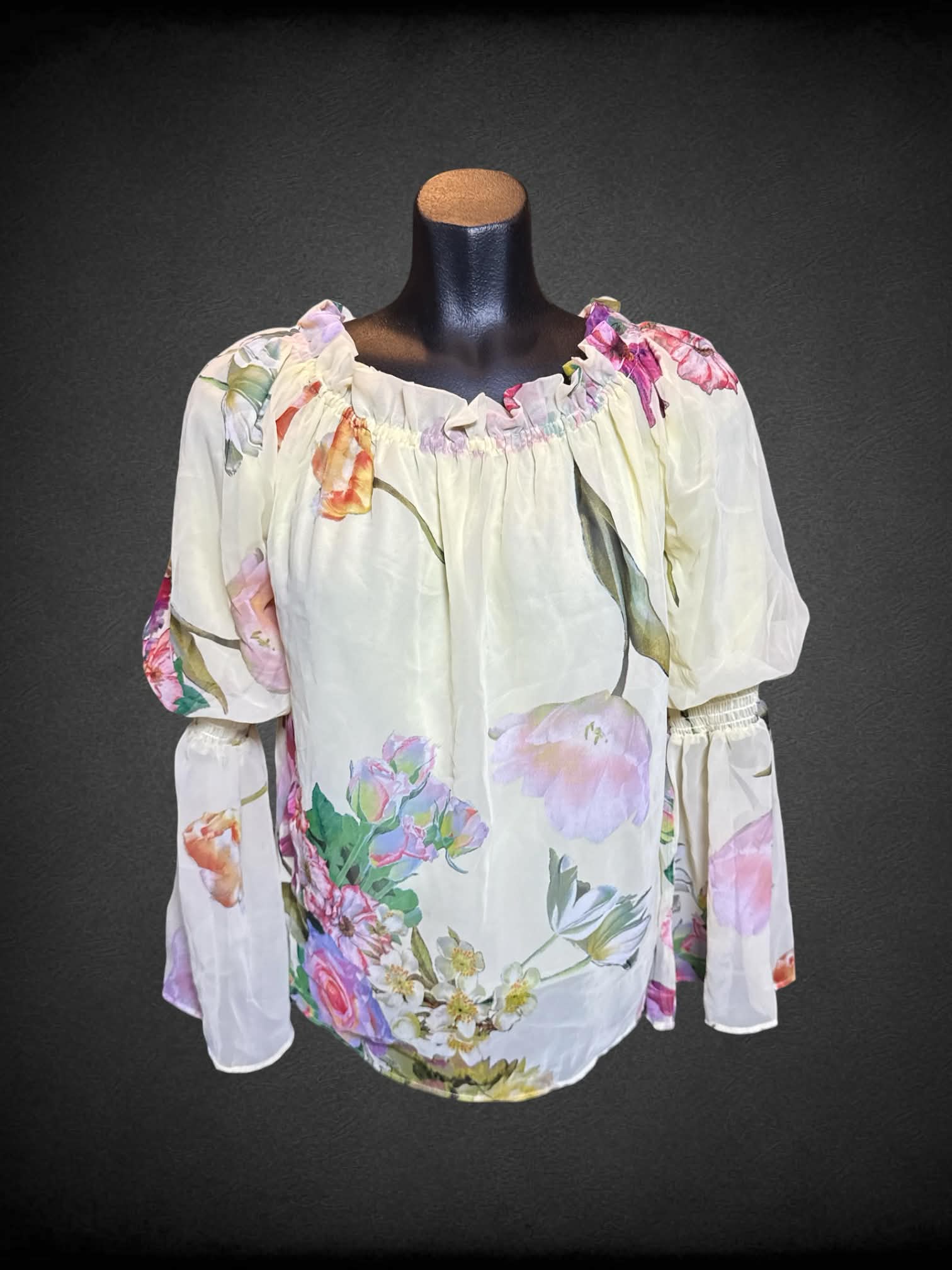 S Rarities light yellow floral long sleeve top with shirred elbows, elastic neckline, and sheer overlay