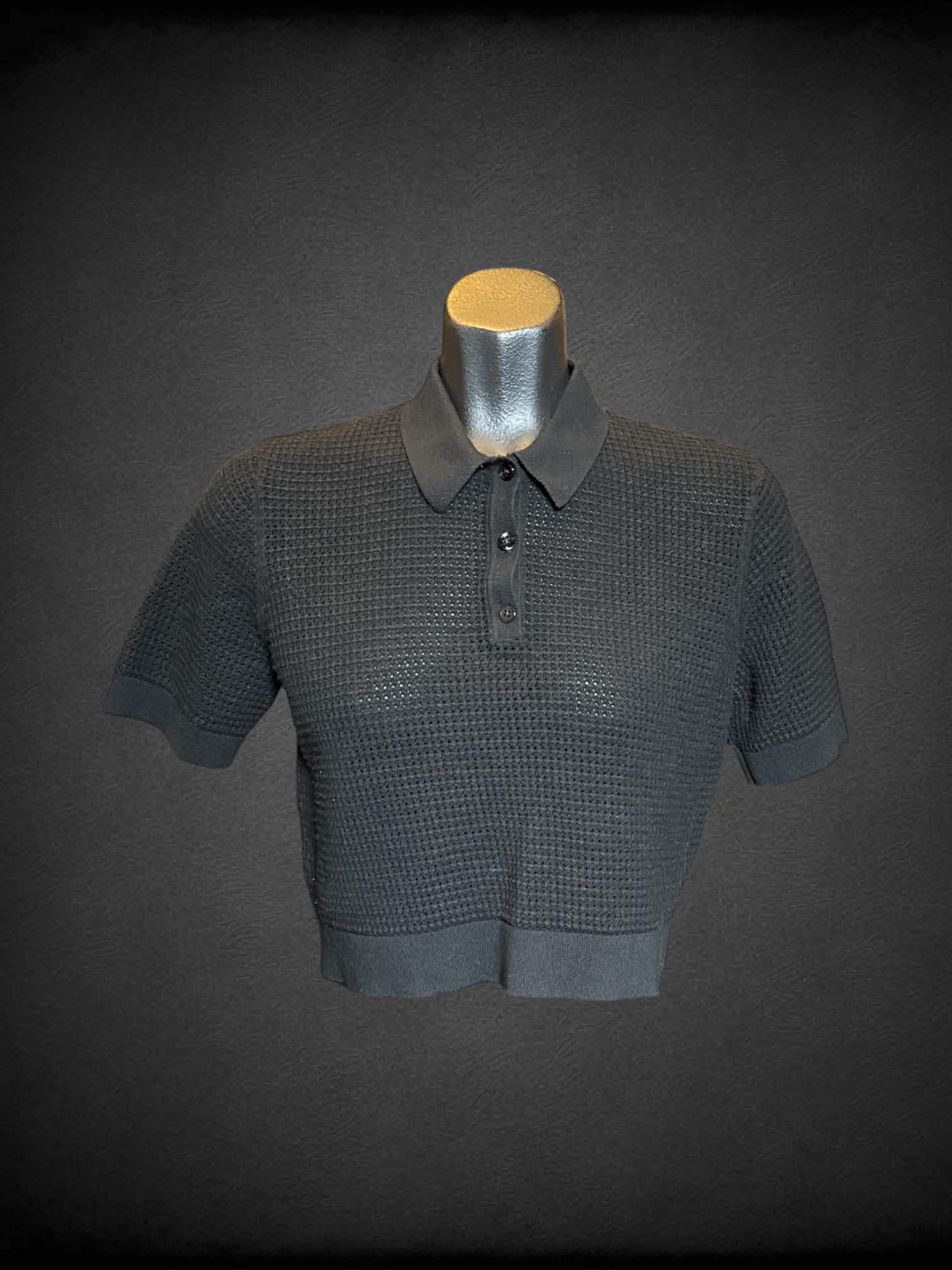M Theory black knit short sleeve cropped polo