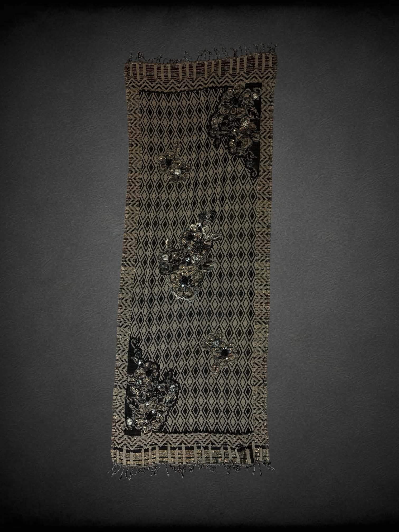 Jain Shawls light brown shawl with diamond shaped pattern, sequined/beaded flower design and tassels
