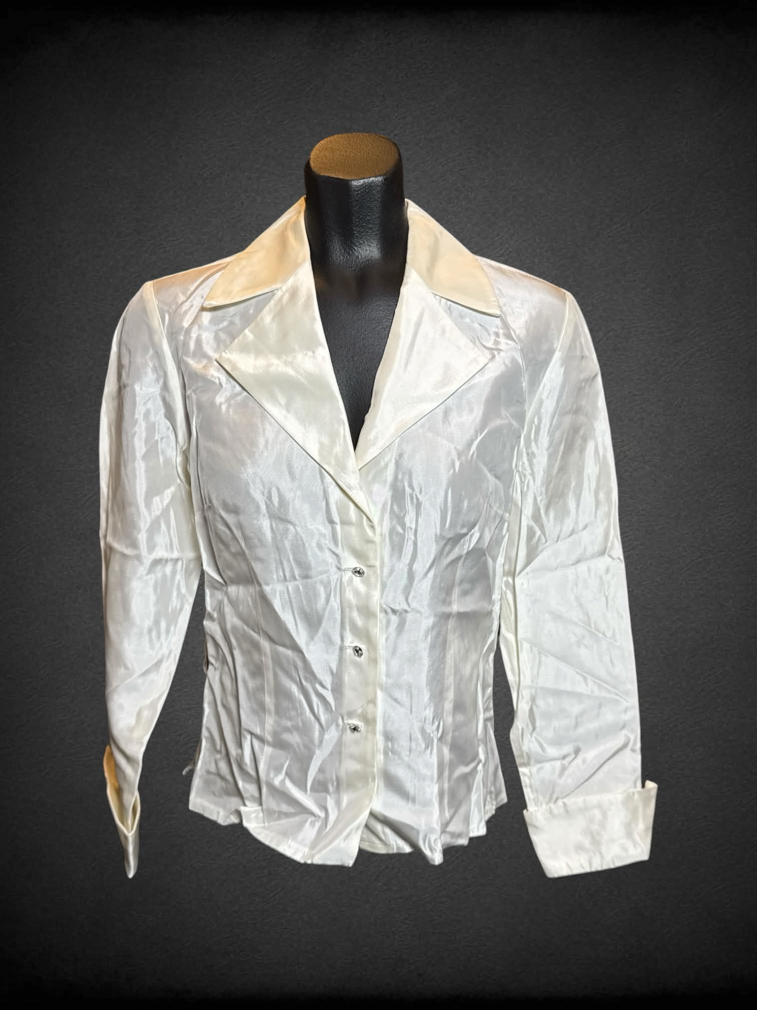 M JS Collections vintage off white long sleeve button down with low neck, and gem buttons