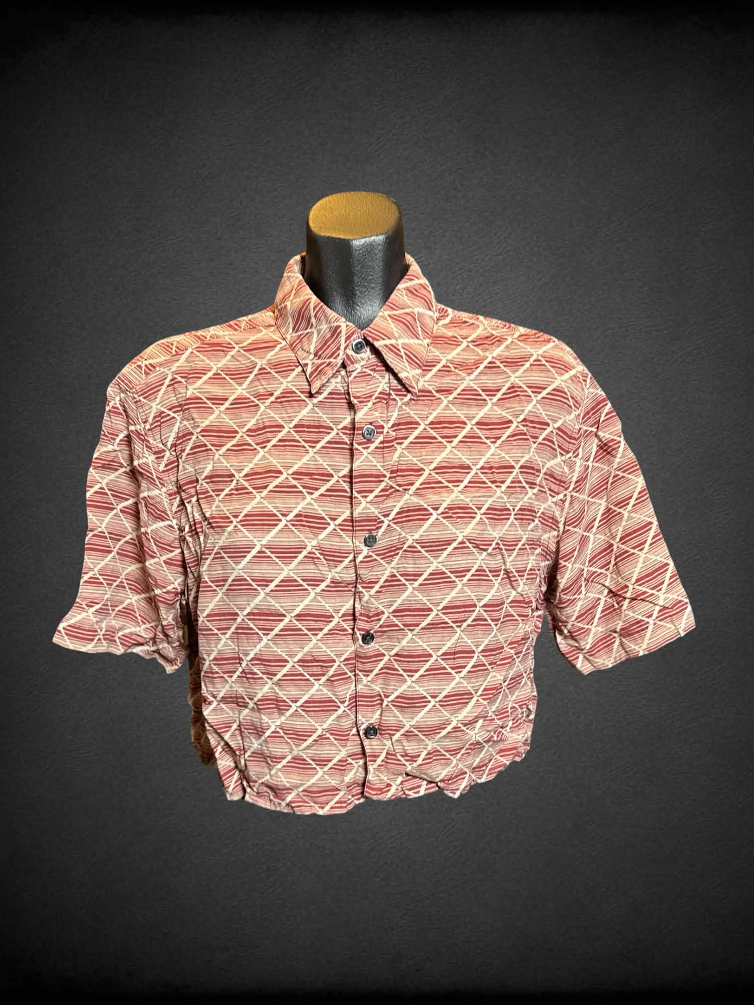 M A[x]ist red and beige striped cropped short sleeve button up with diagonal crosses