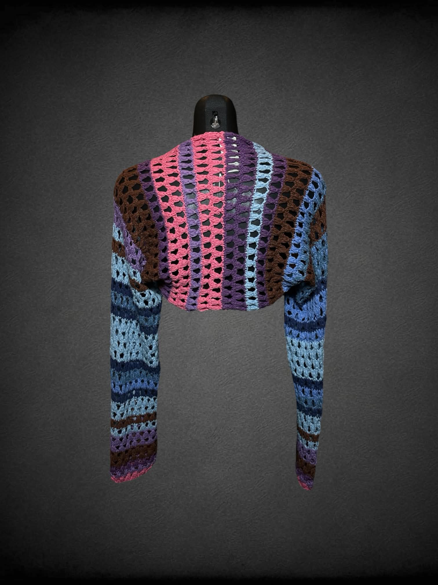 M Free People blue  knit shrug with pink, purple and brown stripes