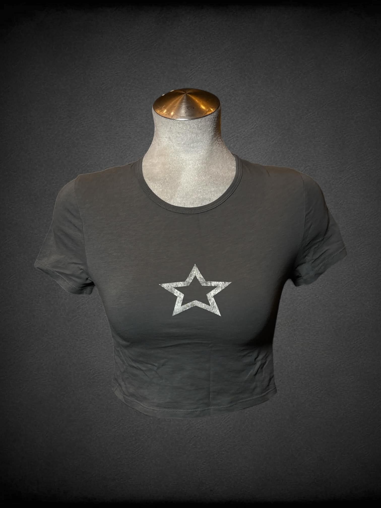 L Bertha grey baby tee with faded star on front