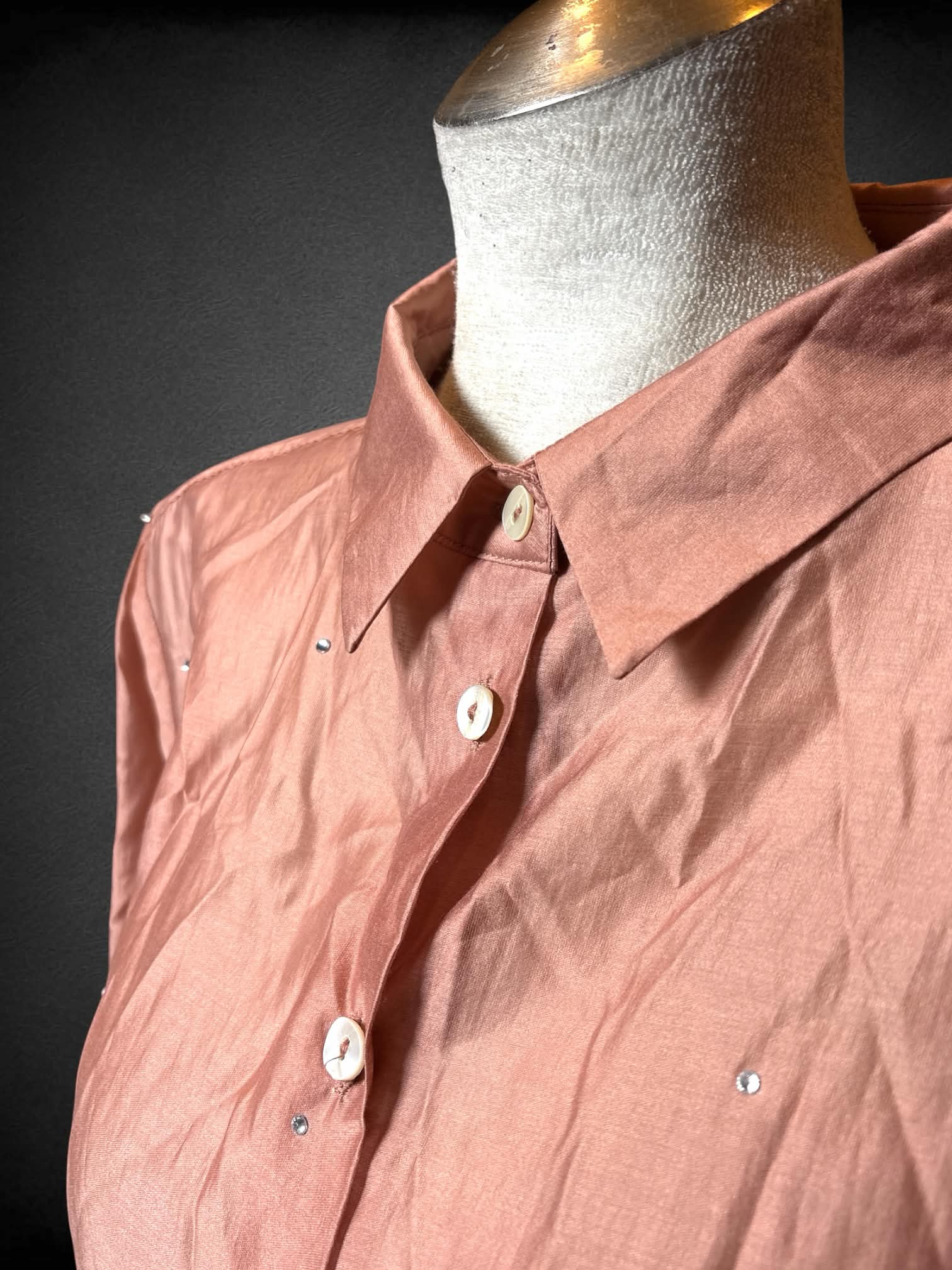 L Bailey NWT sheer peachy orange button up with bedazzled jewels scattered throughout
