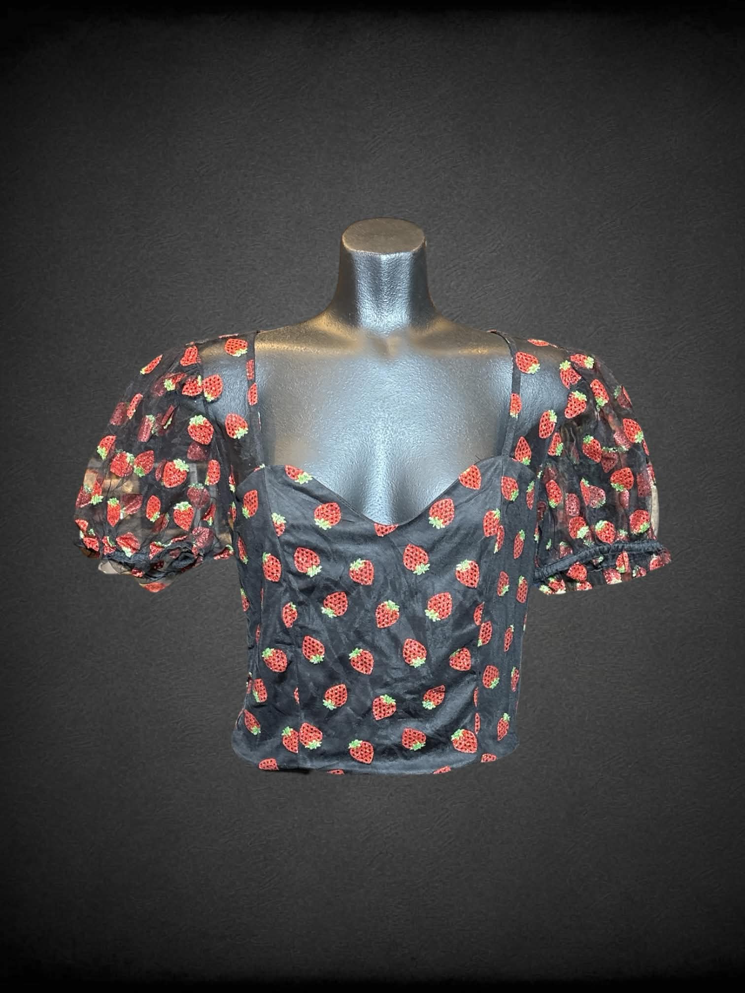 M Hot Topic black short sleeve top with mesh sleeves and overlay, metallic strawberry design,and zipper on side
