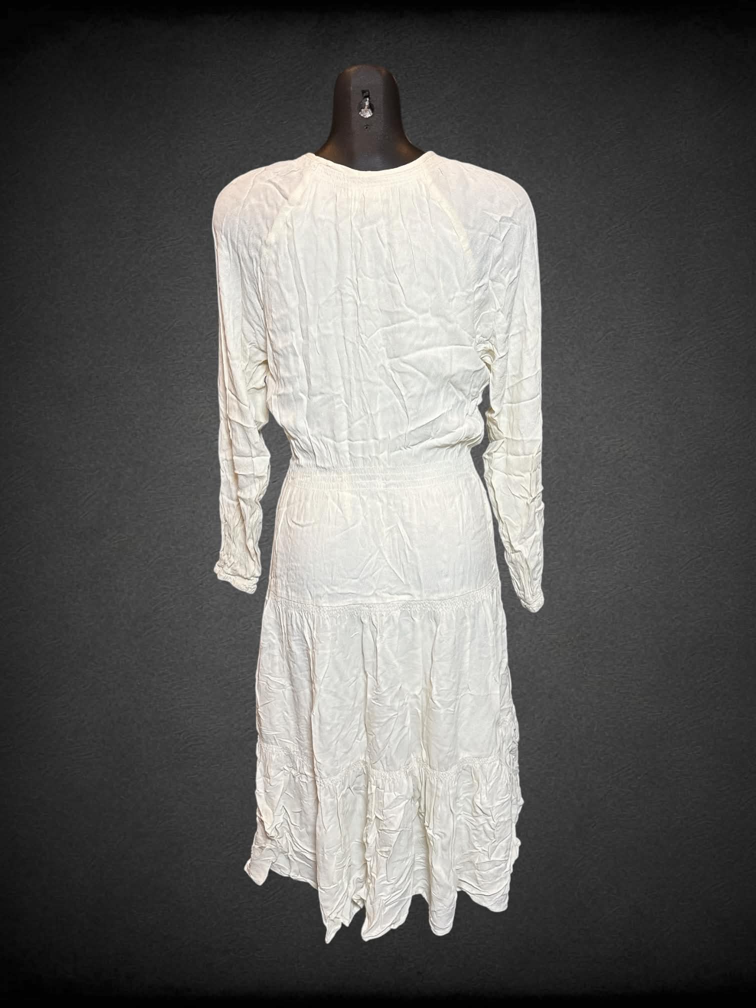 M Urban Outfitters off white long sleeve dress with shirred details, balloon sleeves, and tie on front
