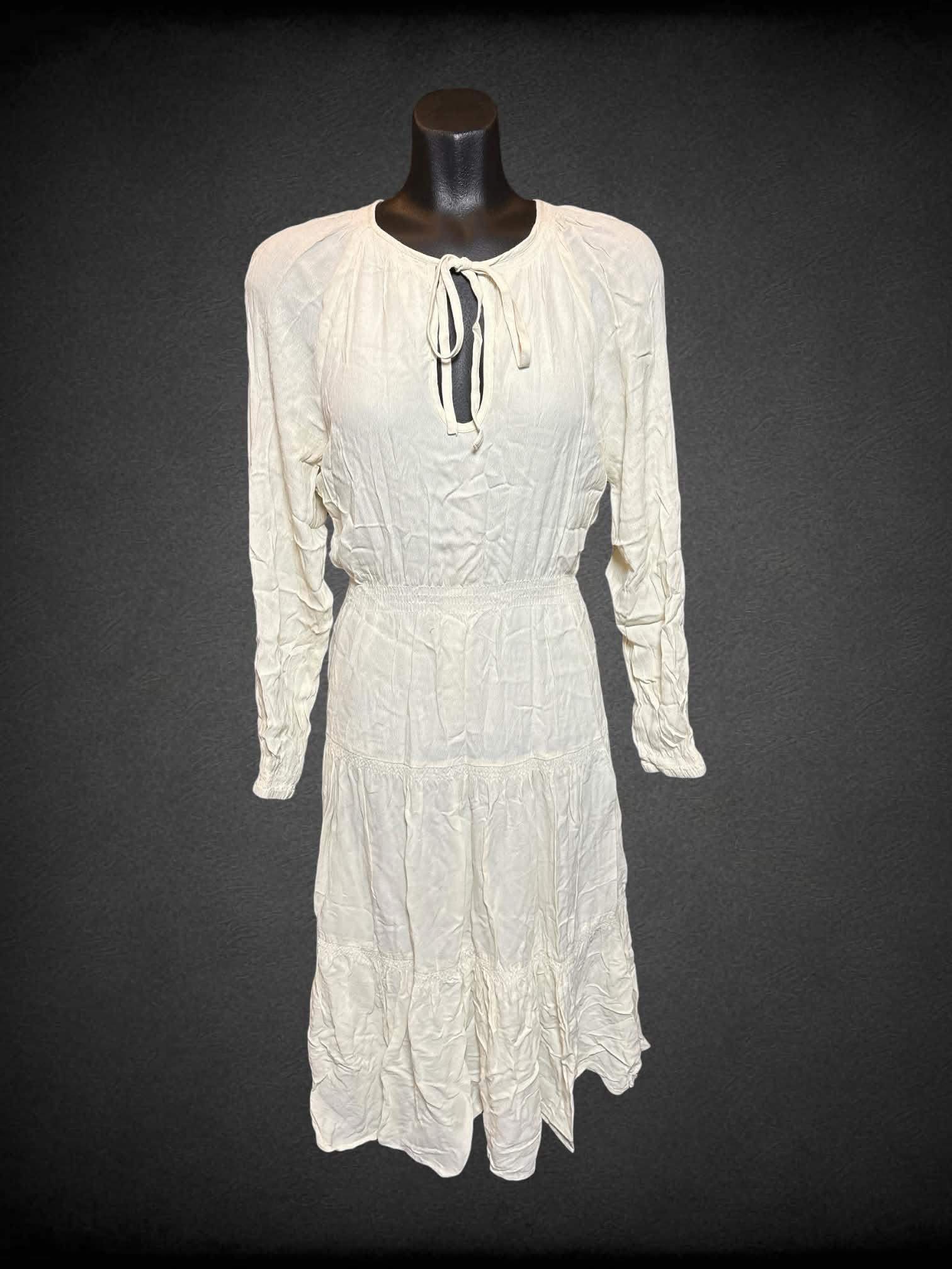 M Urban Outfitters off white long sleeve dress with shirred details, balloon sleeves, and tie on front