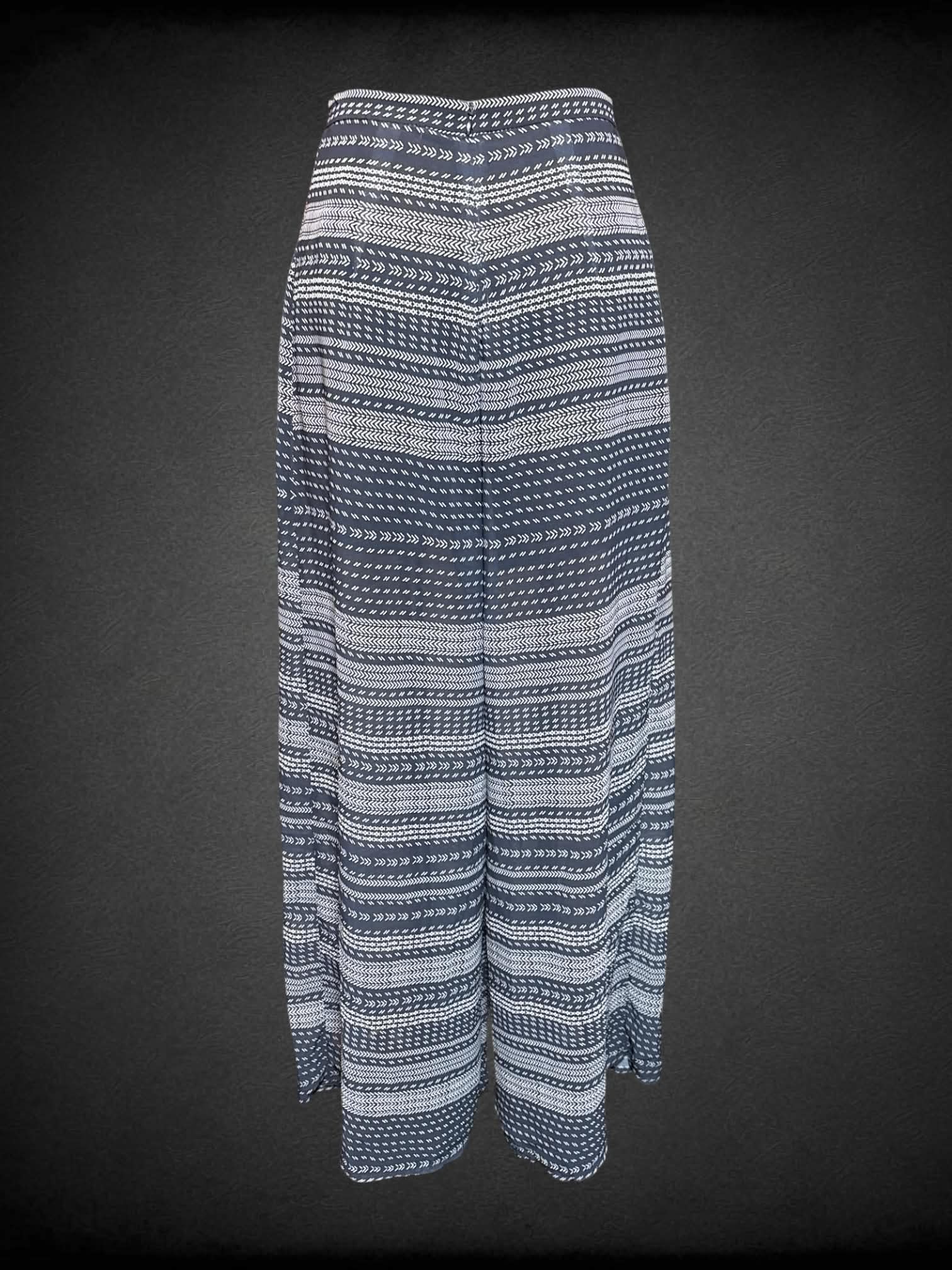 S The Fifth navy blue sheer pants with white dashes and markings, and zipper on back