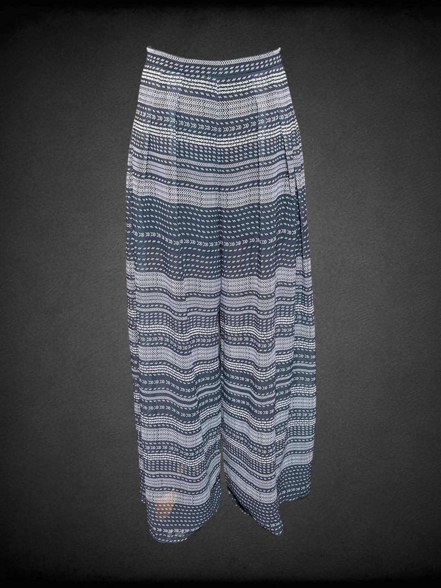 S The Fifth navy blue sheer pants with white dashes and markings, and zipper on back