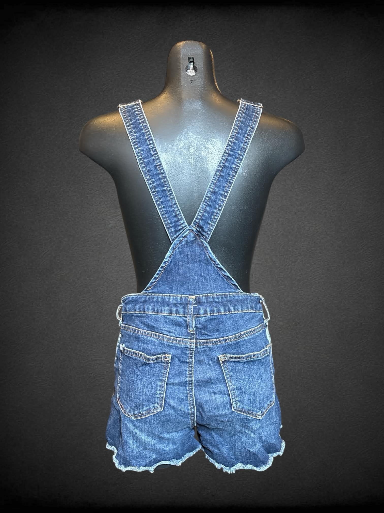 M No Boundaries denim sleeveless short overalls with frog patch on front, and pockets