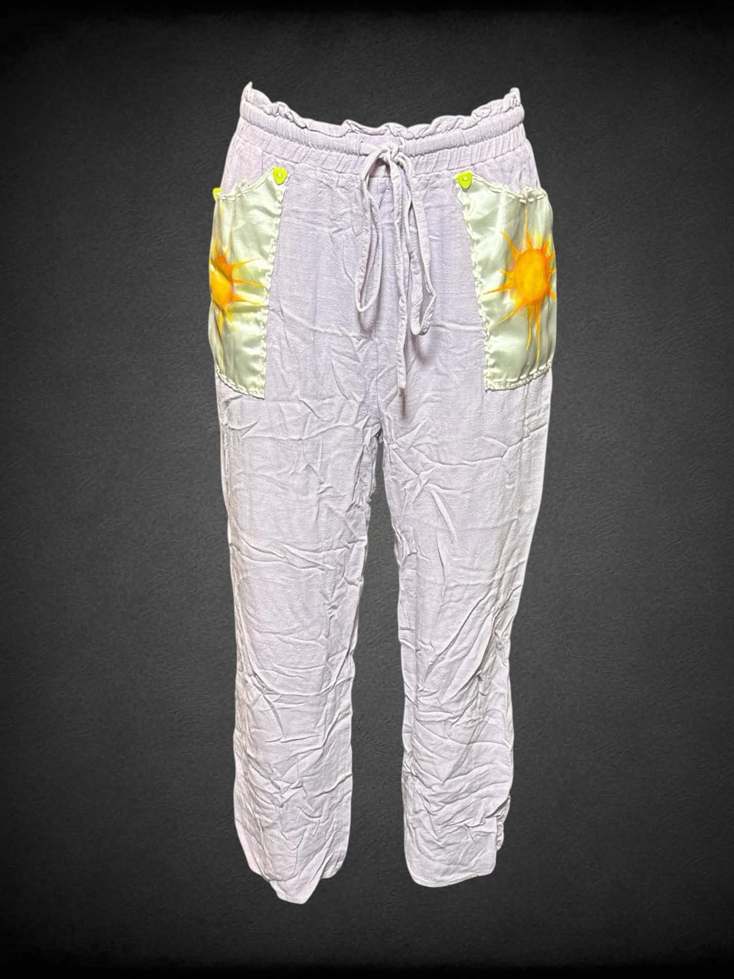 M HYFVE light purple pants with drawstring, cute sun painted pockets, and decorative buttons
