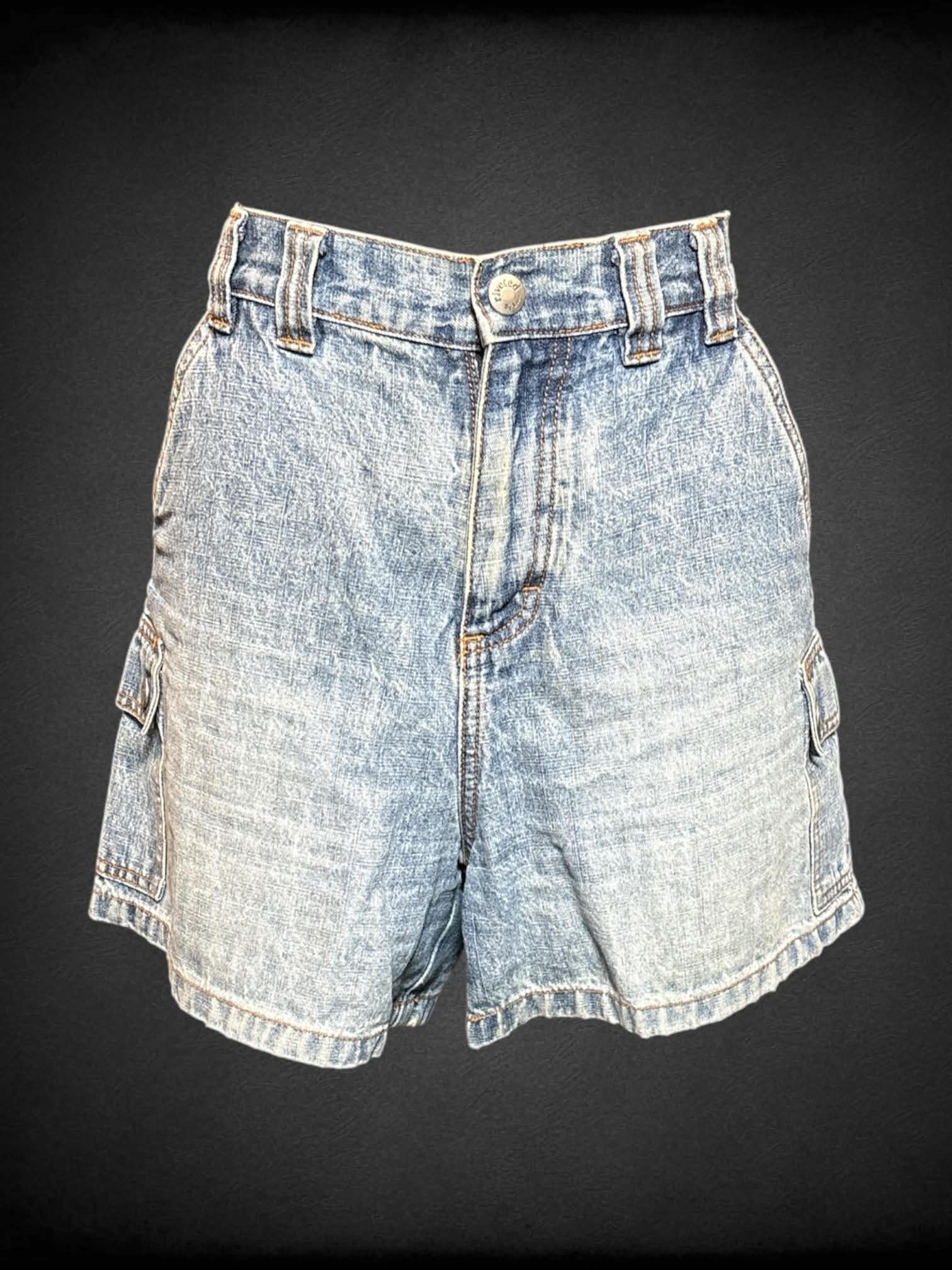 M Riveted vintage denim cargo shorts with snap button/zipper closure, and pockets