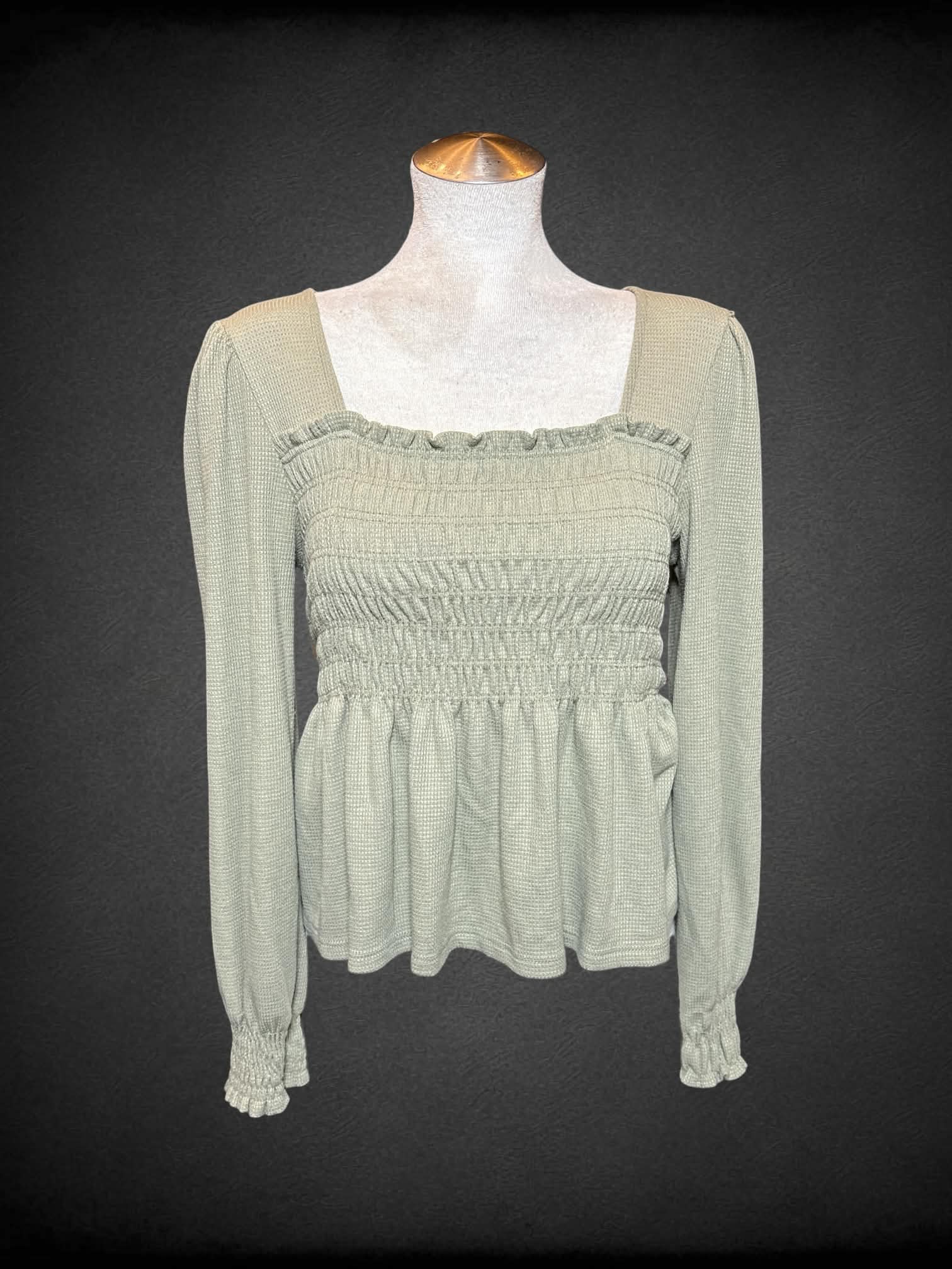 L Altar’d State green long sleeve waffle knit top with shirred bodice, and balloon sleeves