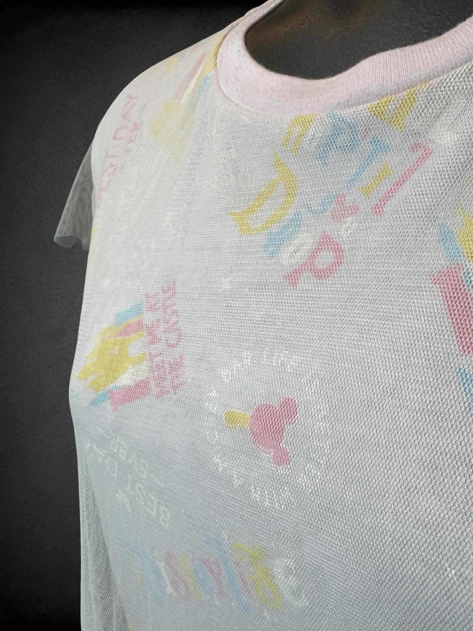 S Disney Parks pastel pink t shirt with “Disney Parks” design, and sheer tulle-like overlayer