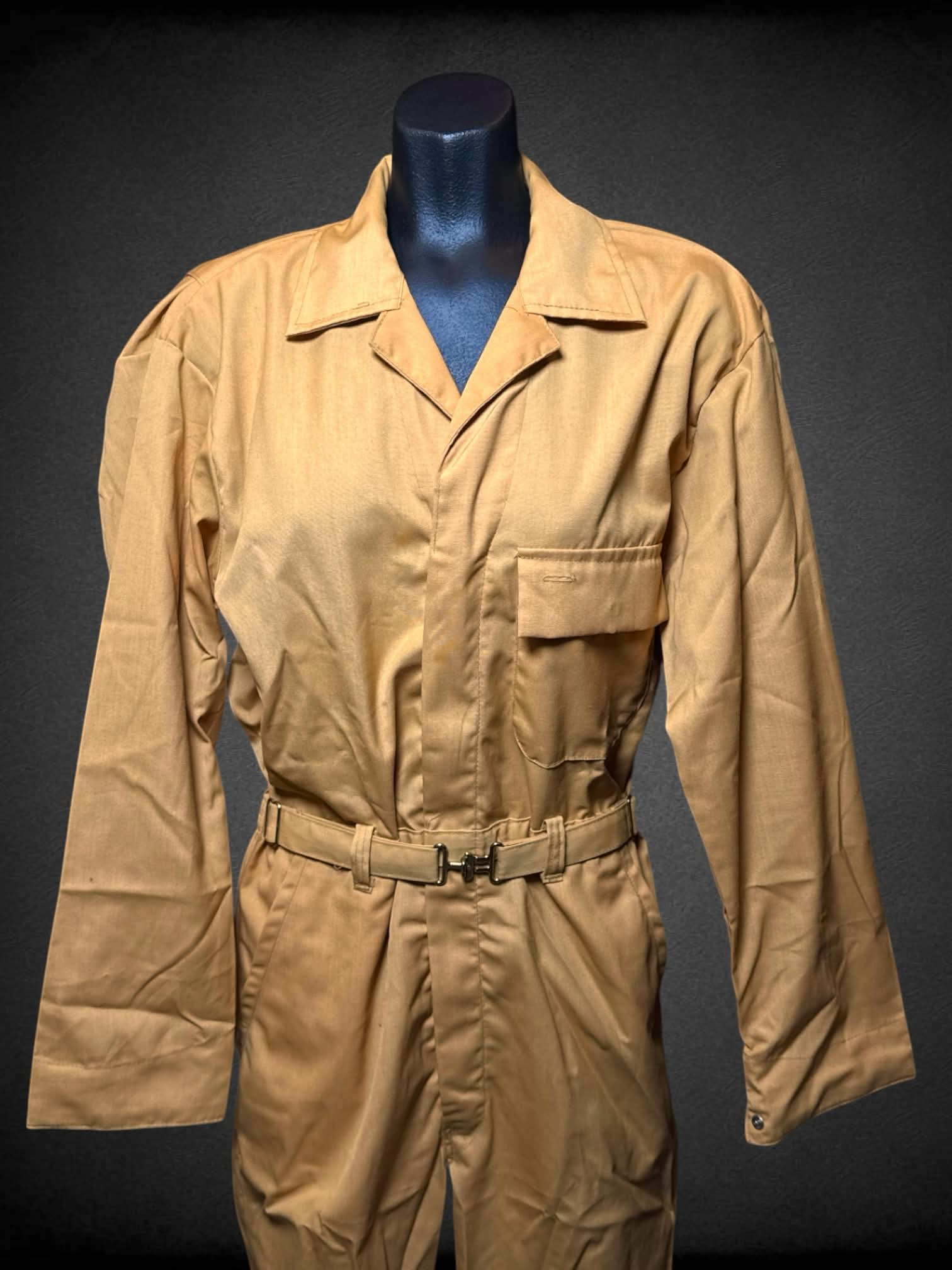 M Riverside Perma-Neat mustard yellow jumpsuit with zipper and adjustable clasp on waist
