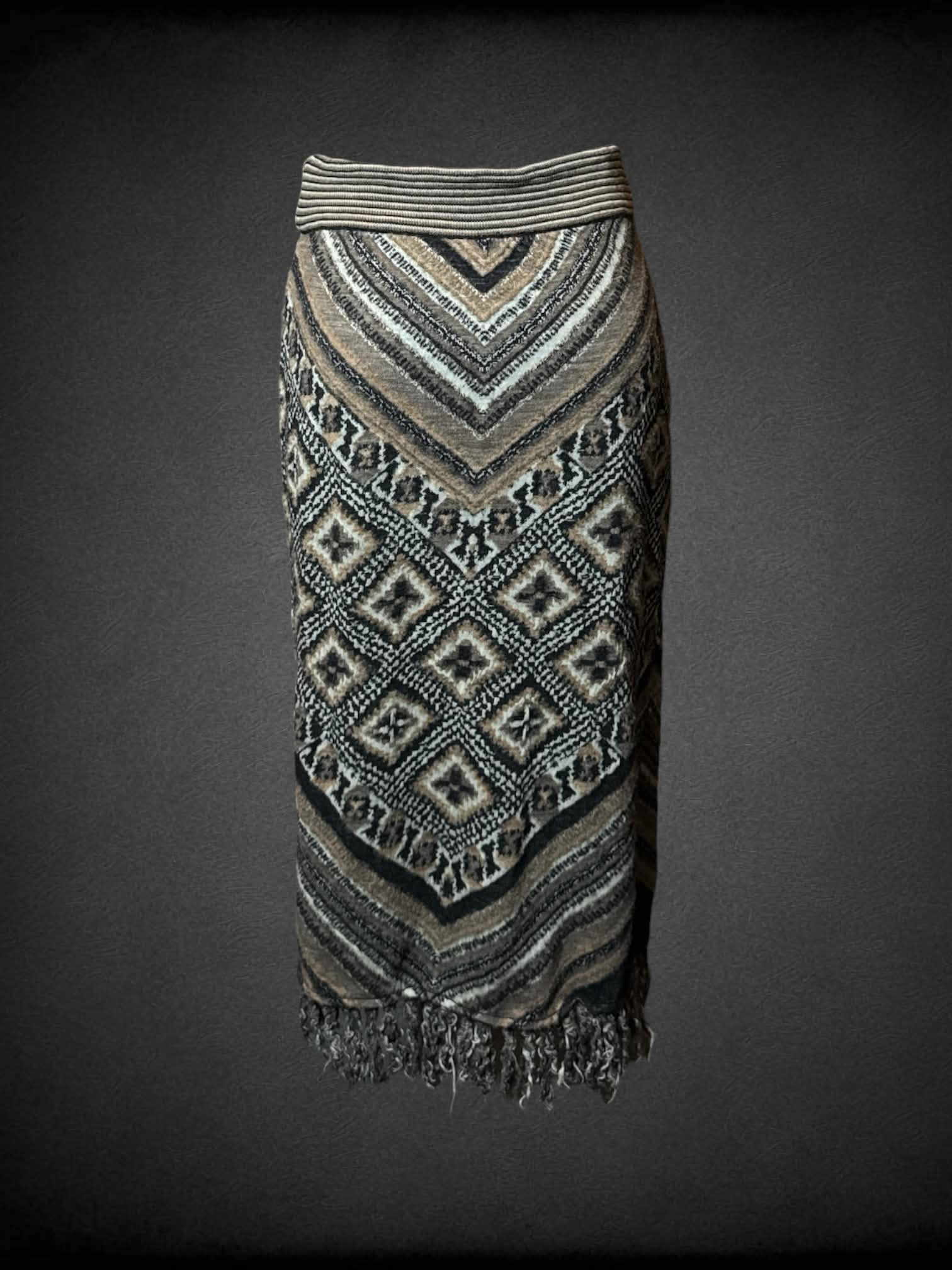 M Free People brown wool skirt with black and white diamond pattern, and tassels along bottom trim