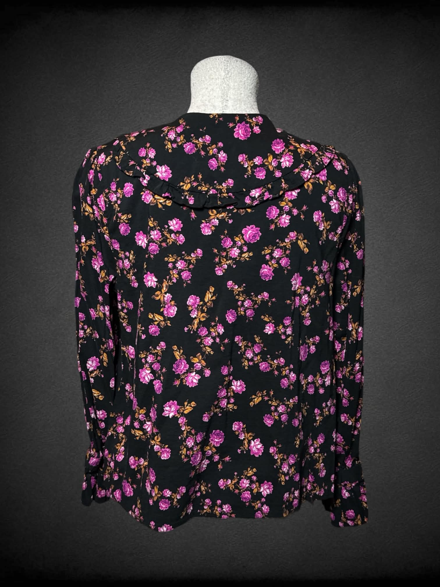 L Who What Wear black button-up blouse with pink floral pattern, and Peter Pan collar