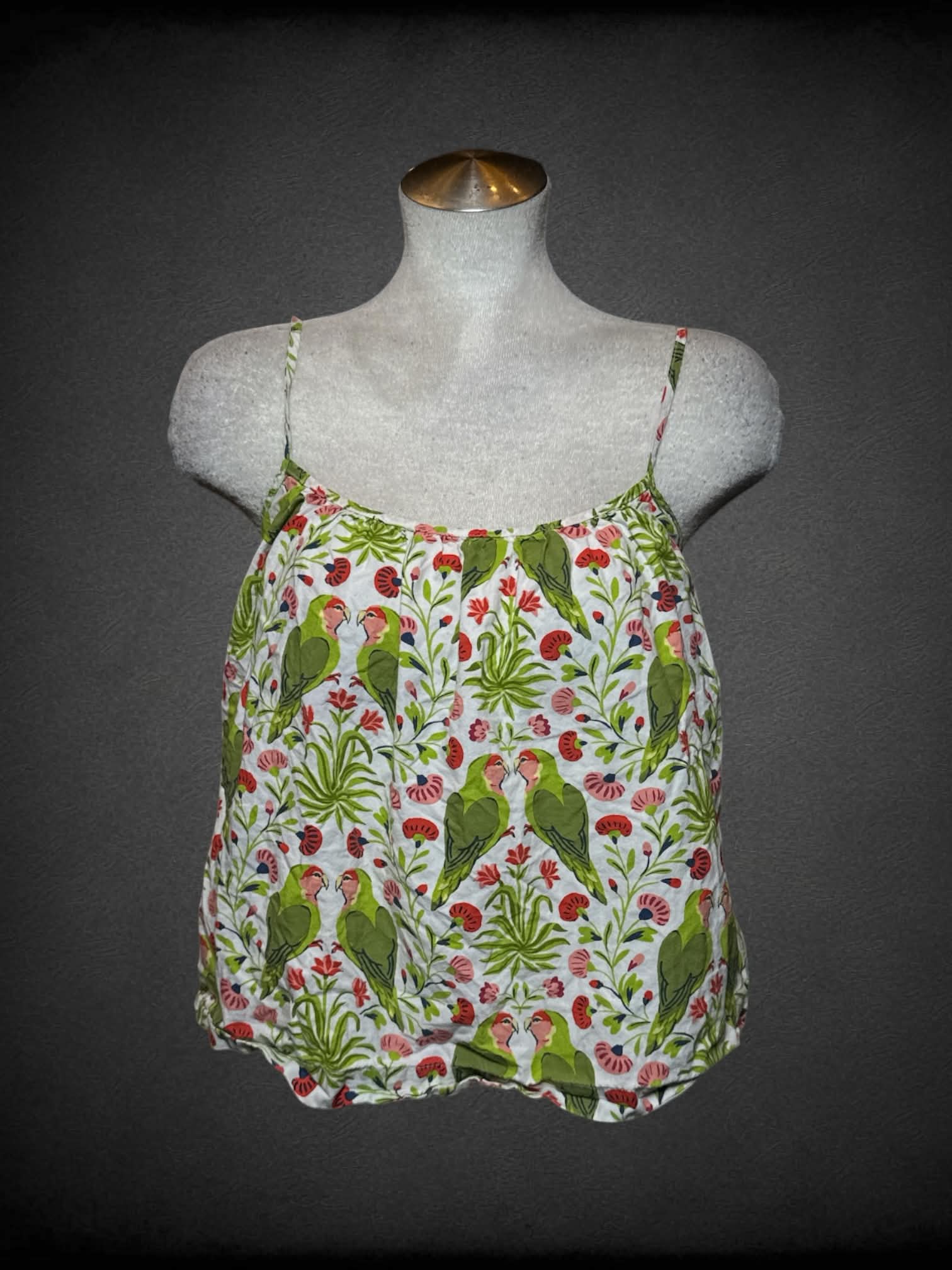 L Printfresh white flowy tank top with green parrot pattern and adjustable straps