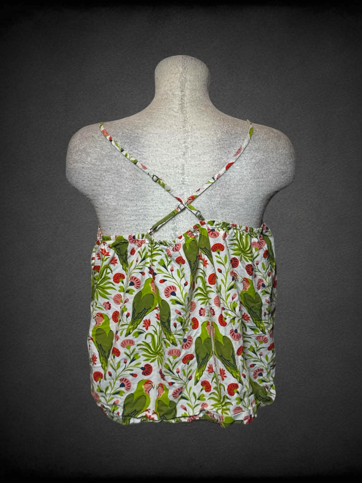 L Printfresh white flowy tank top with green parrot pattern and adjustable straps