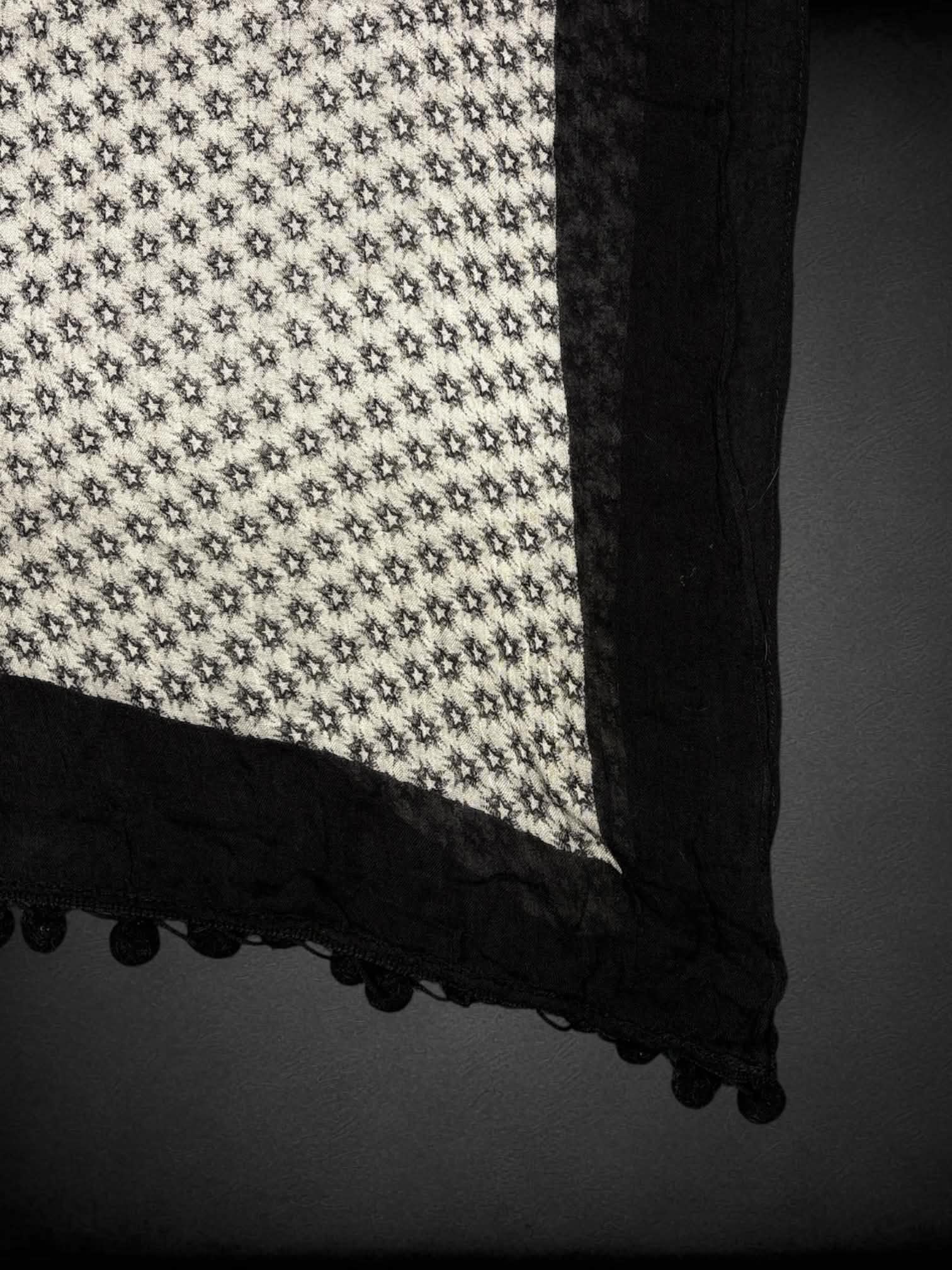 Black & white star scarf with black Pom Pom tassels