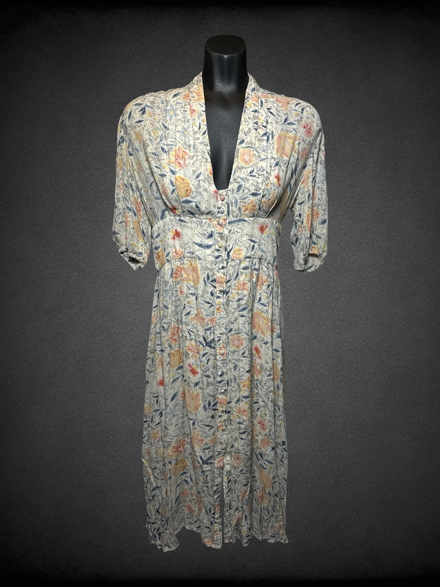 M Ba&sh beige ribbed dress, with delicate floral sparkle pattern, and buttons on front