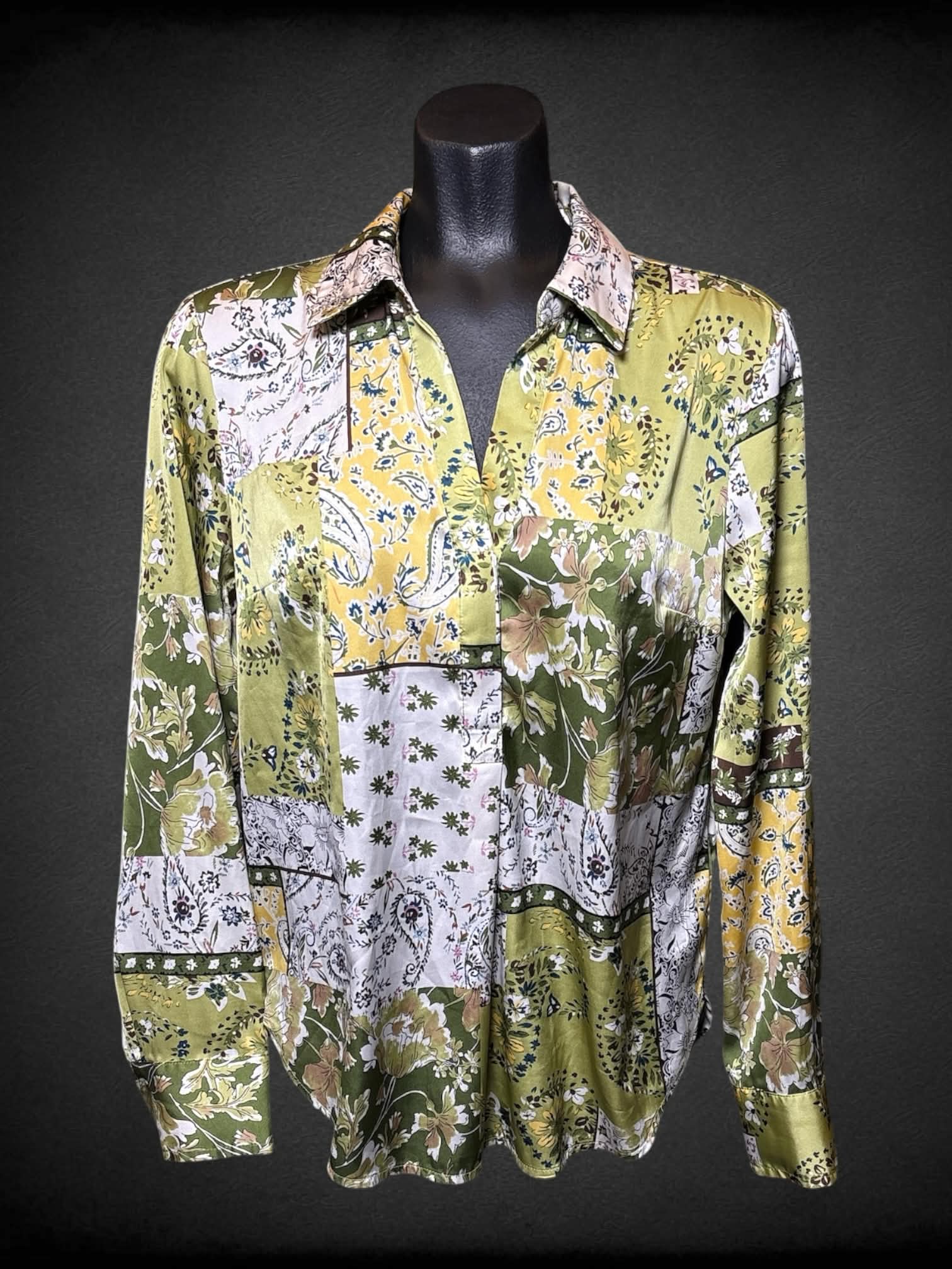 M Joie green button up with paisley and floral 70s inspired design