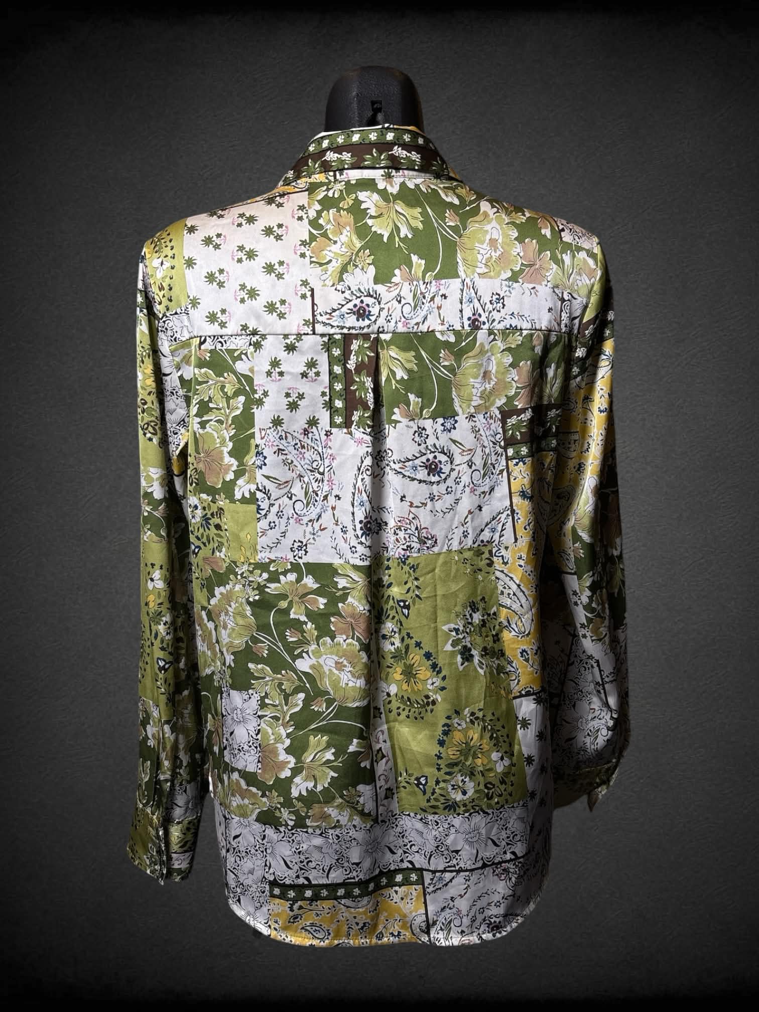 M Joie green button up with paisley and floral 70s inspired design