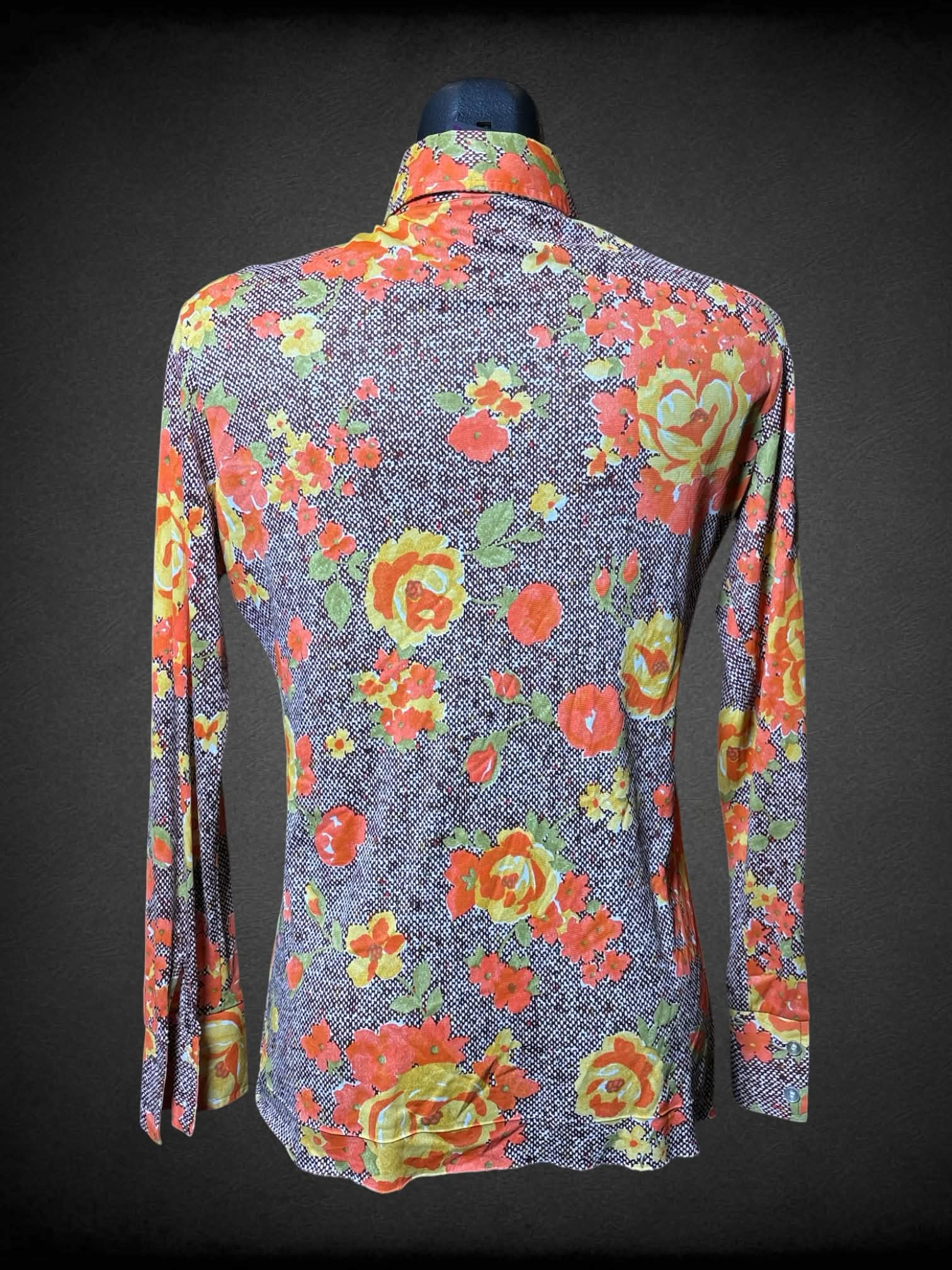 M EllesBelles vintage 70s brown button up with orange & yellow floral pattern