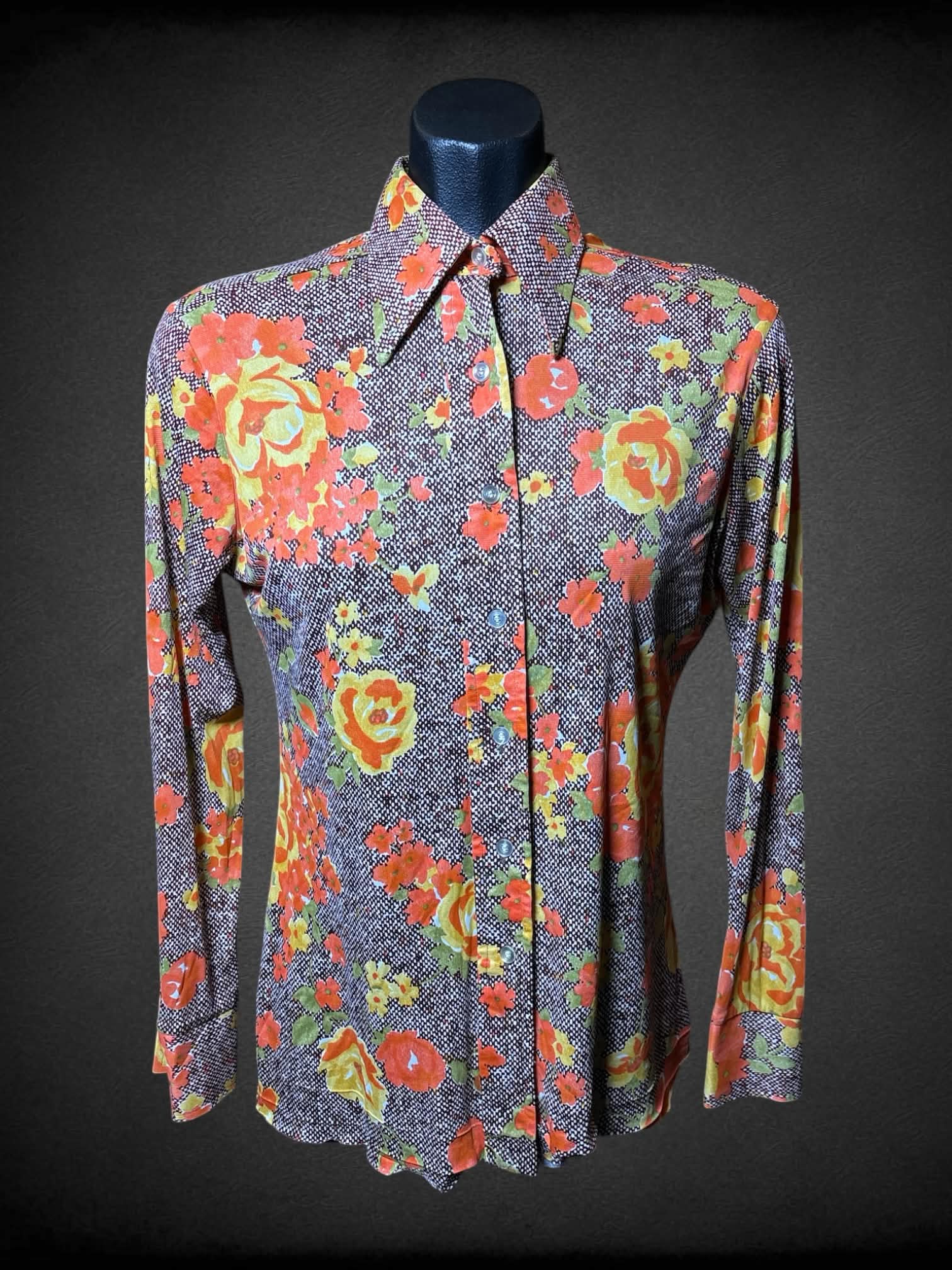 M EllesBelles vintage 70s brown button up with orange & yellow floral pattern