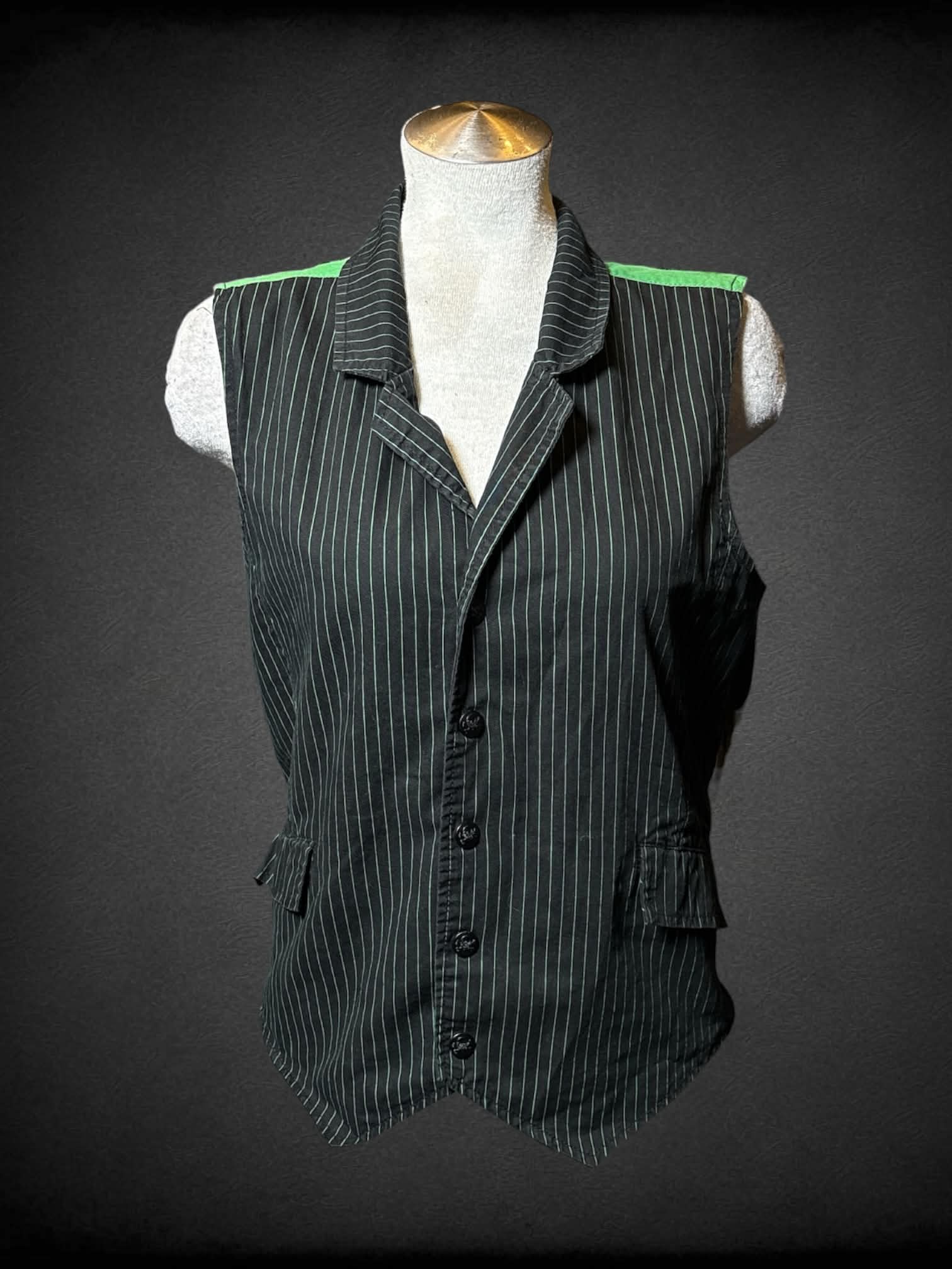 L Tripp NYC vintage black & green striped button-up vest