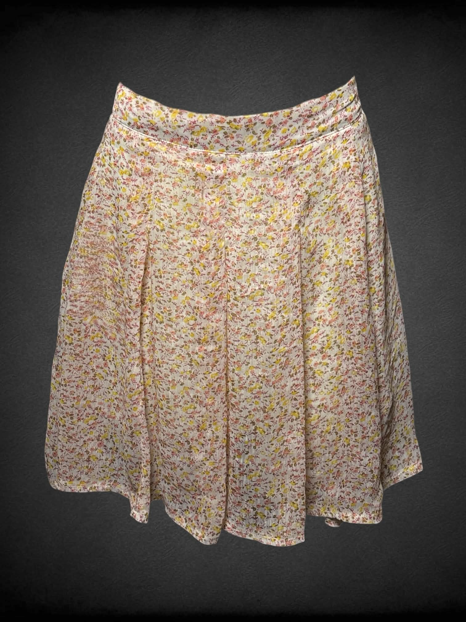 L Pure Vida vintage pale yellow skirt with pink floral pattern and zipper on side