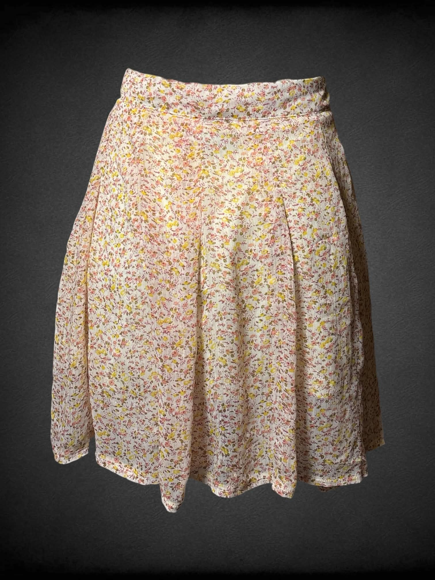 L Pure Vida vintage pale yellow skirt with pink floral pattern and zipper on side