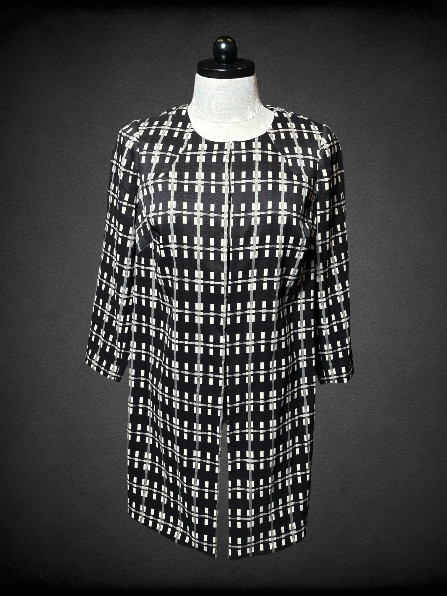 XL Alfani black coat with clasps on front, and grid pattern