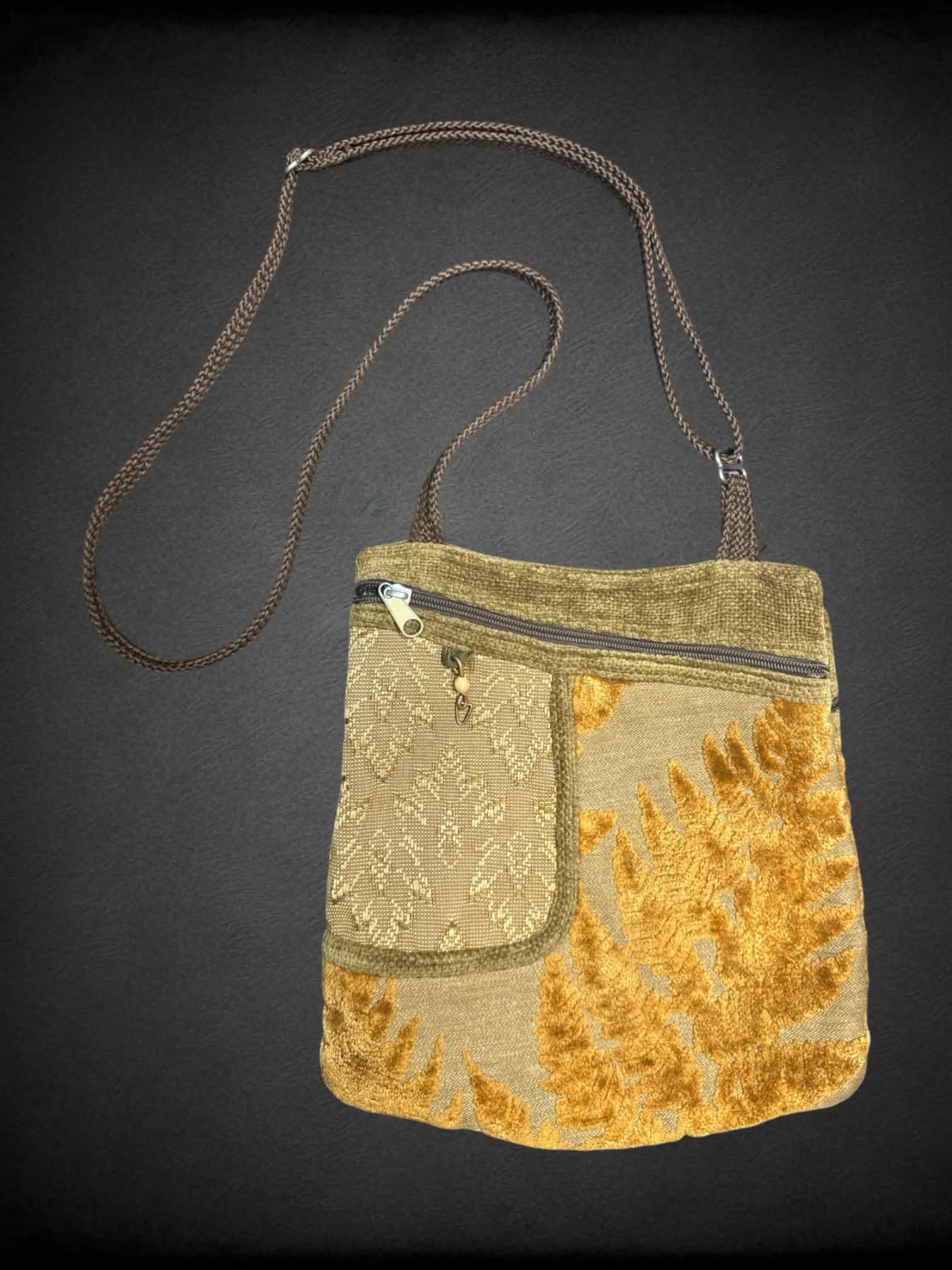 A. Ruiz brown canvas & corduroy shoulder bag with zipper pockets on each side