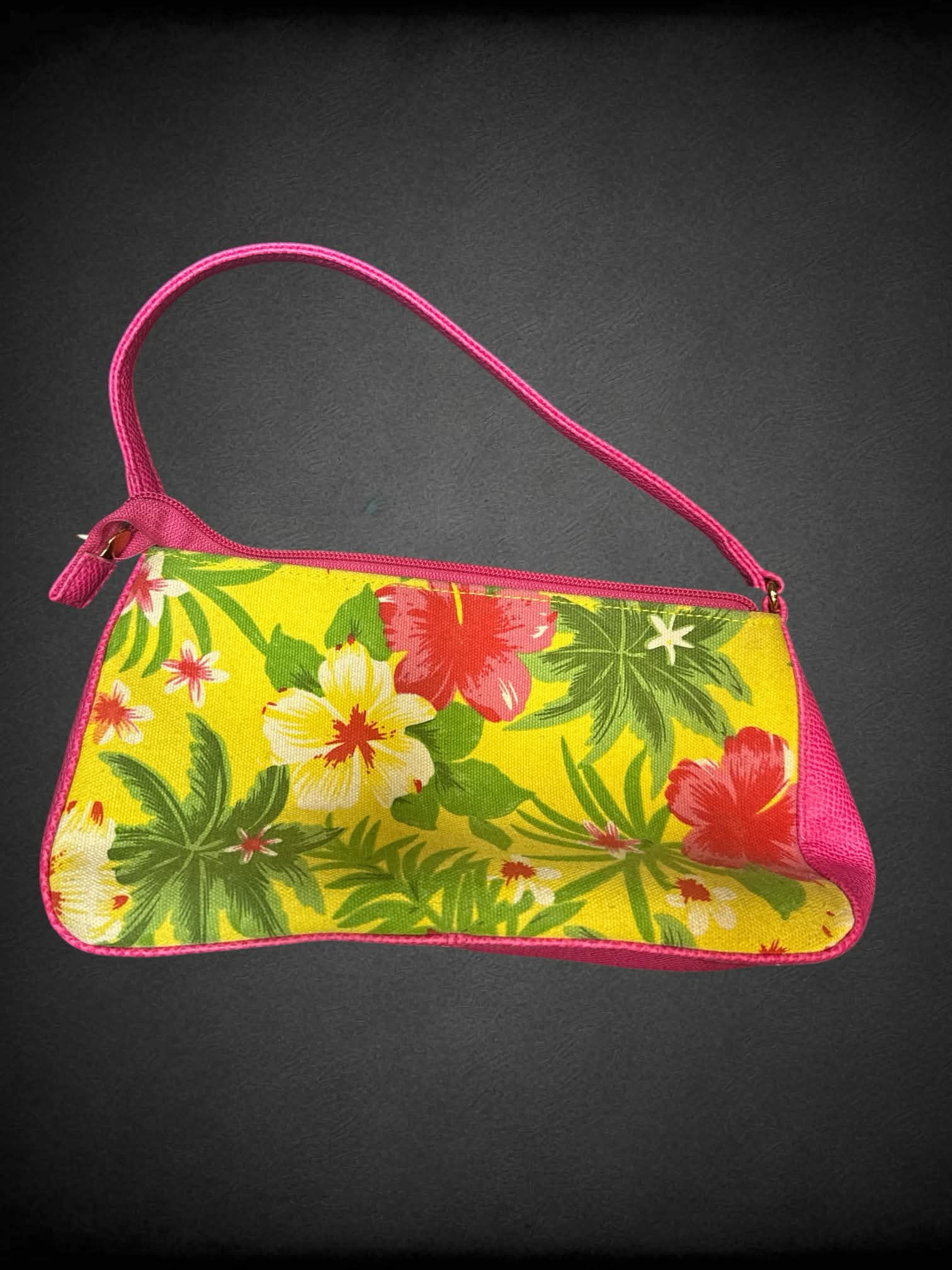 Buzz by Jane Fox yellow & pink handbag with zipper pocket, and tropical floral design