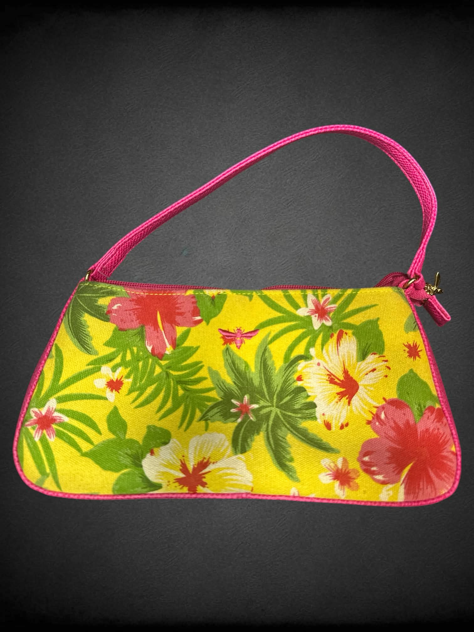 Buzz by Jane Fox yellow & pink handbag with zipper pocket, and tropical floral design
