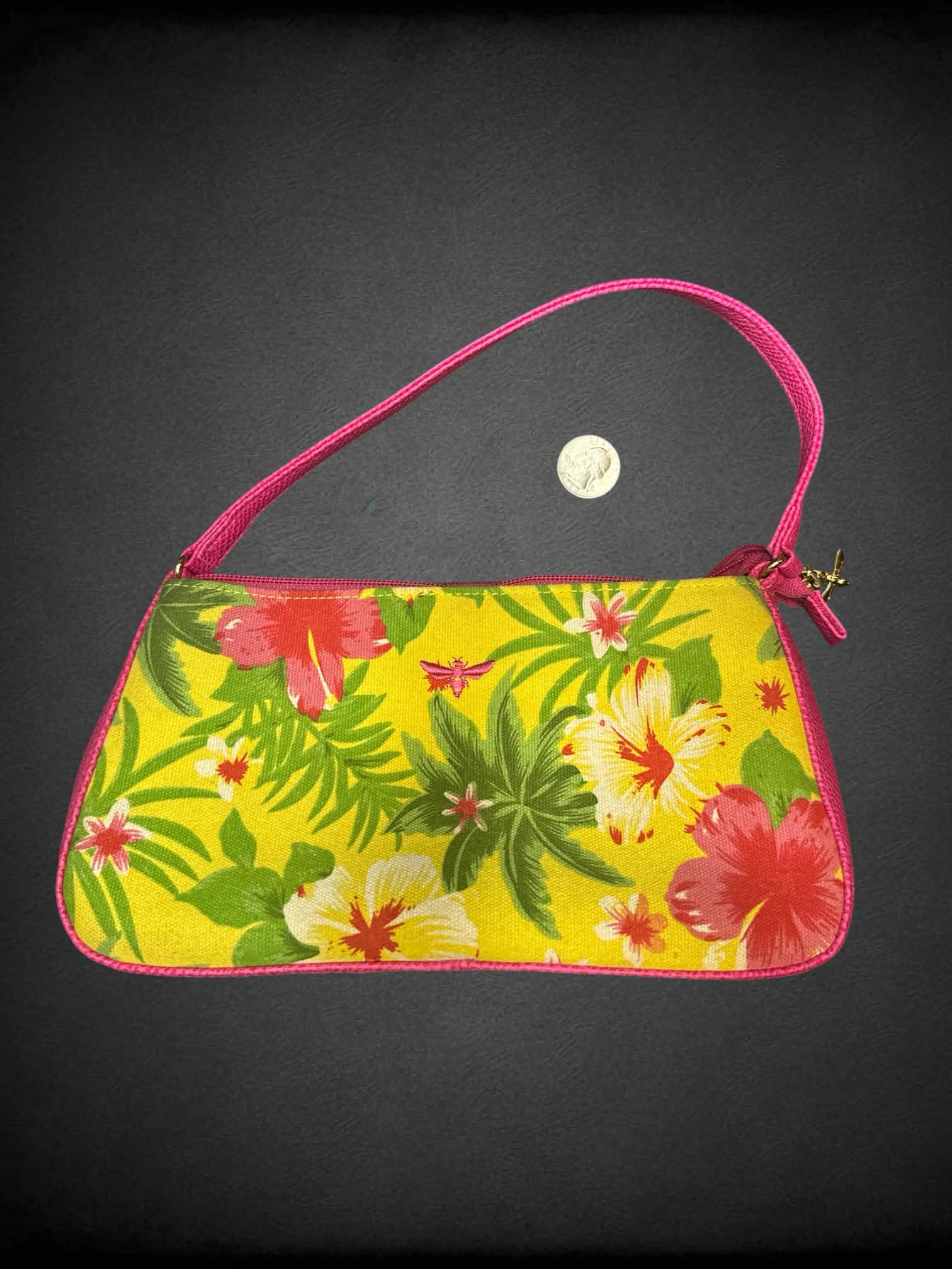 Buzz by Jane Fox yellow & pink handbag with zipper pocket, and tropical floral design