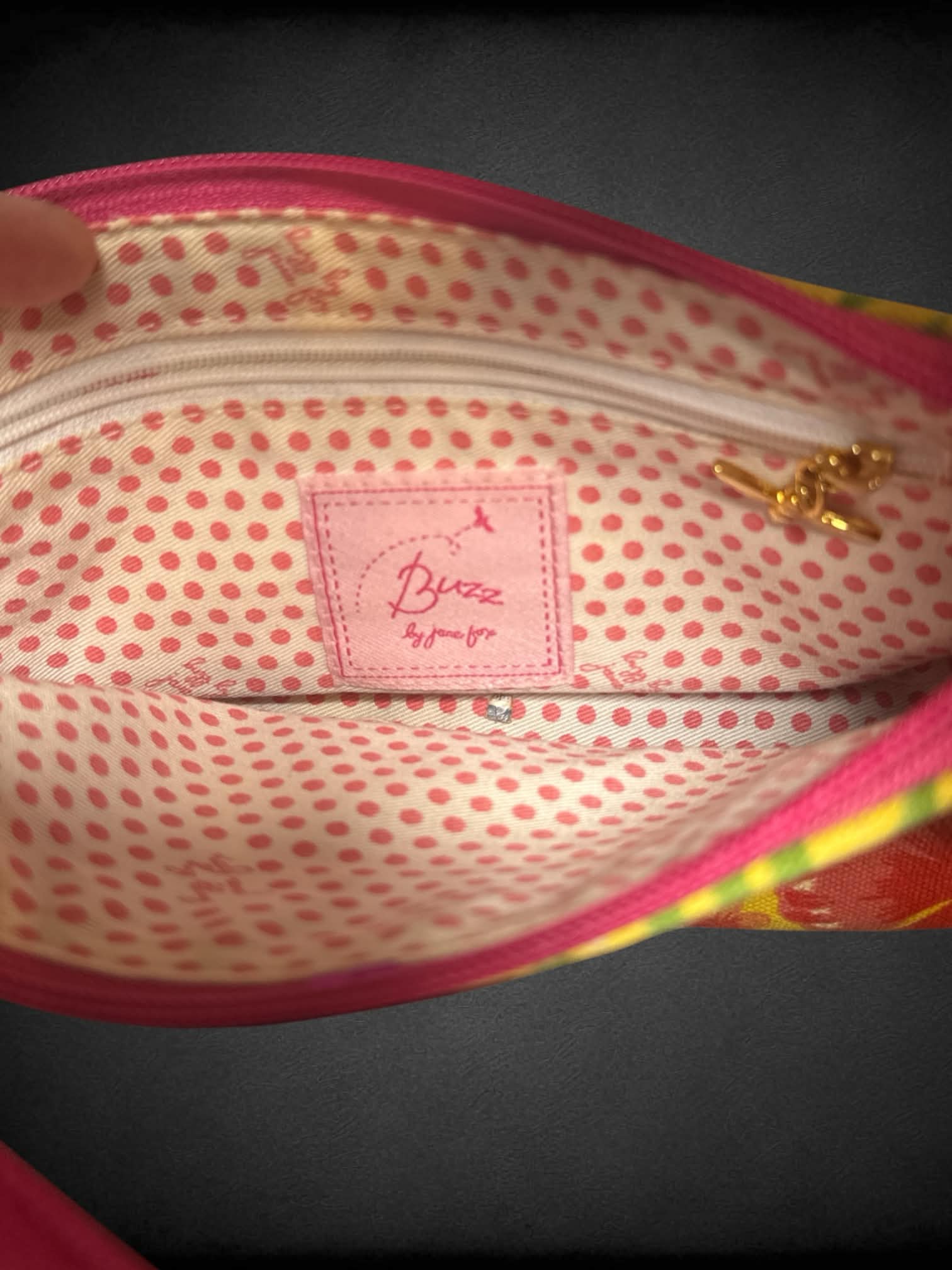 Buzz by Jane Fox yellow & pink handbag with zipper pocket, and tropical floral design