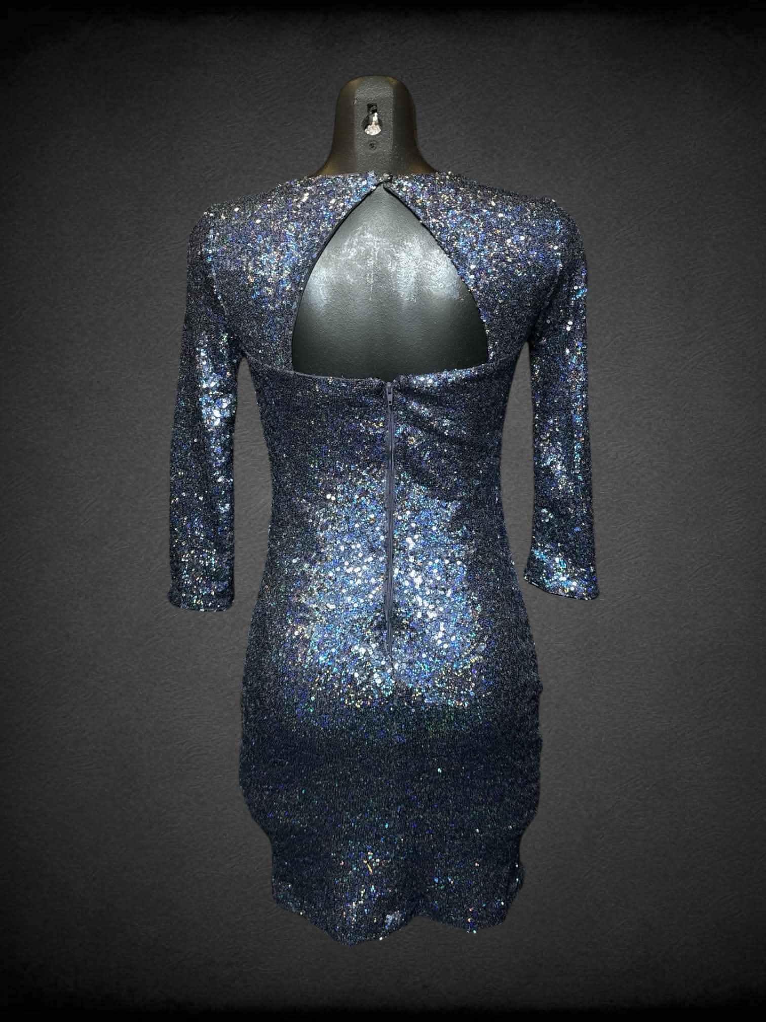 S Leith blue three-quarter sleeve sequined dress with zipper and button on back