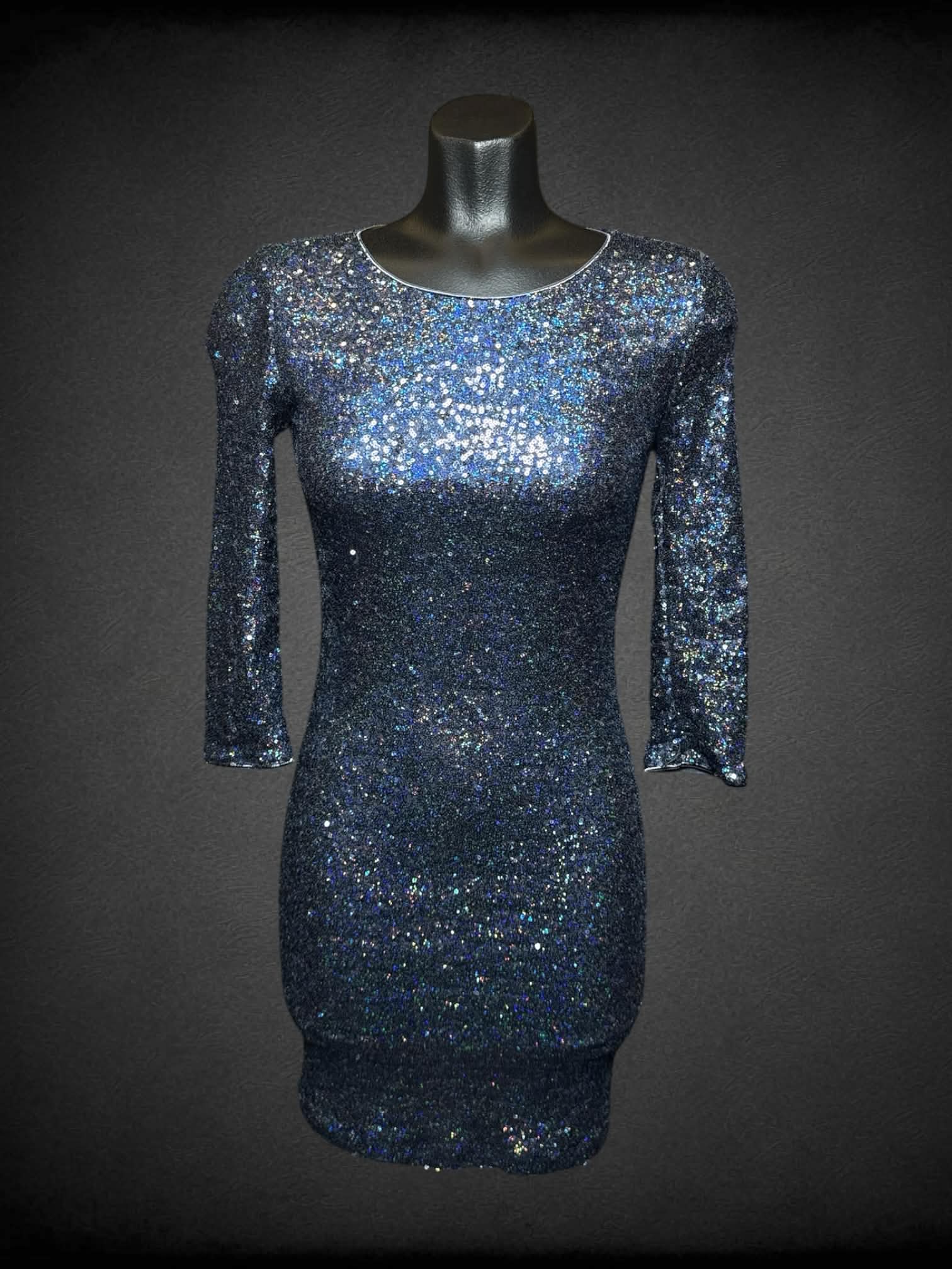 S Leith blue three-quarter sleeve sequined dress with zipper and button on back