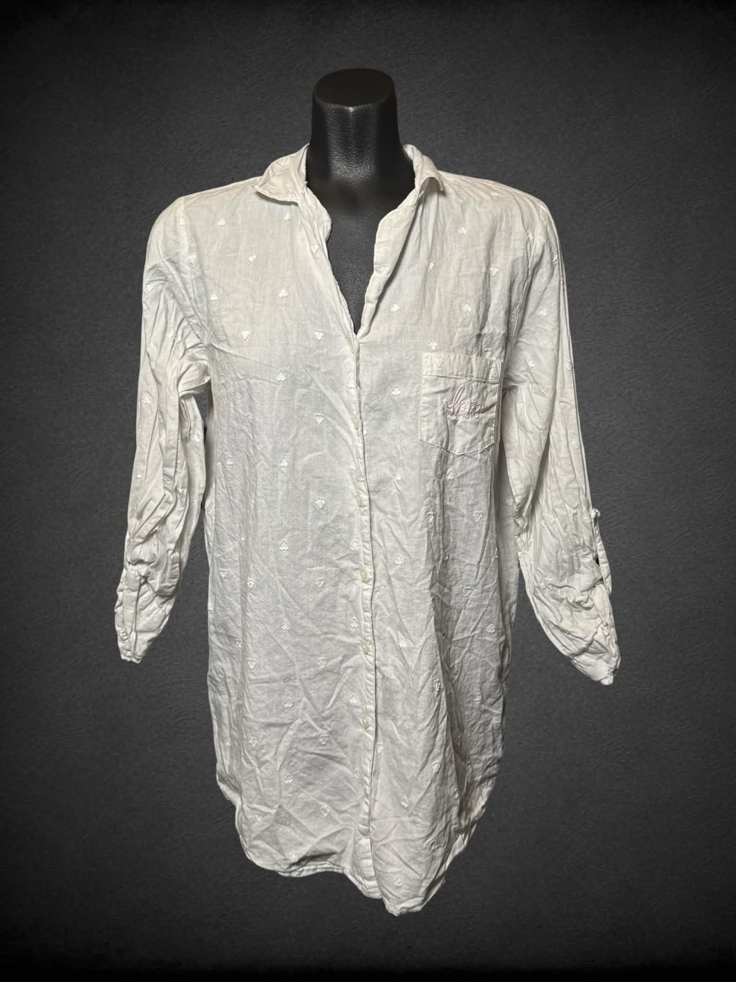 M Love to Lounge white button up shirt with embroidered hearts and “Love” on front pocket