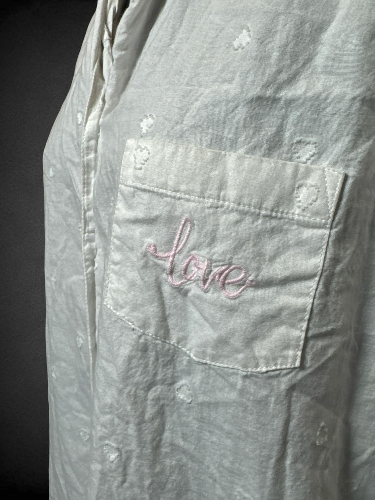 M Love to Lounge white button up shirt with embroidered hearts and “Love” on front pocket